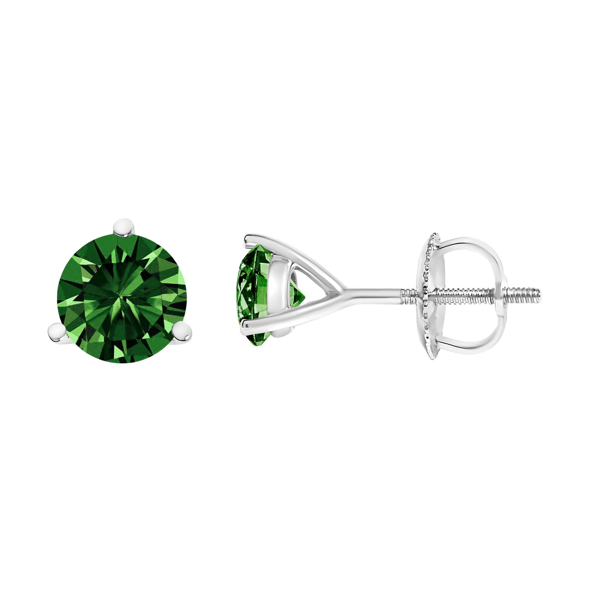 Aretes tipo botón de oro blanco de 14 quilates con solitario de 1 1/2 quilates y 3 puntas engastadas en forma de martini, brillantes, de talla redonda, cultivados en laboratorio (color verde, claridad VS2-SI1) - Friggin Jewelry