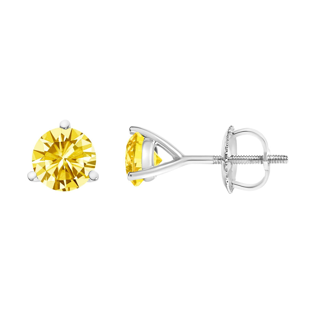 Orecchini a bottone con diamante solitario giallo incastonato in laboratorio a 3 punte in oro 14 carati - Friggin Jewelry