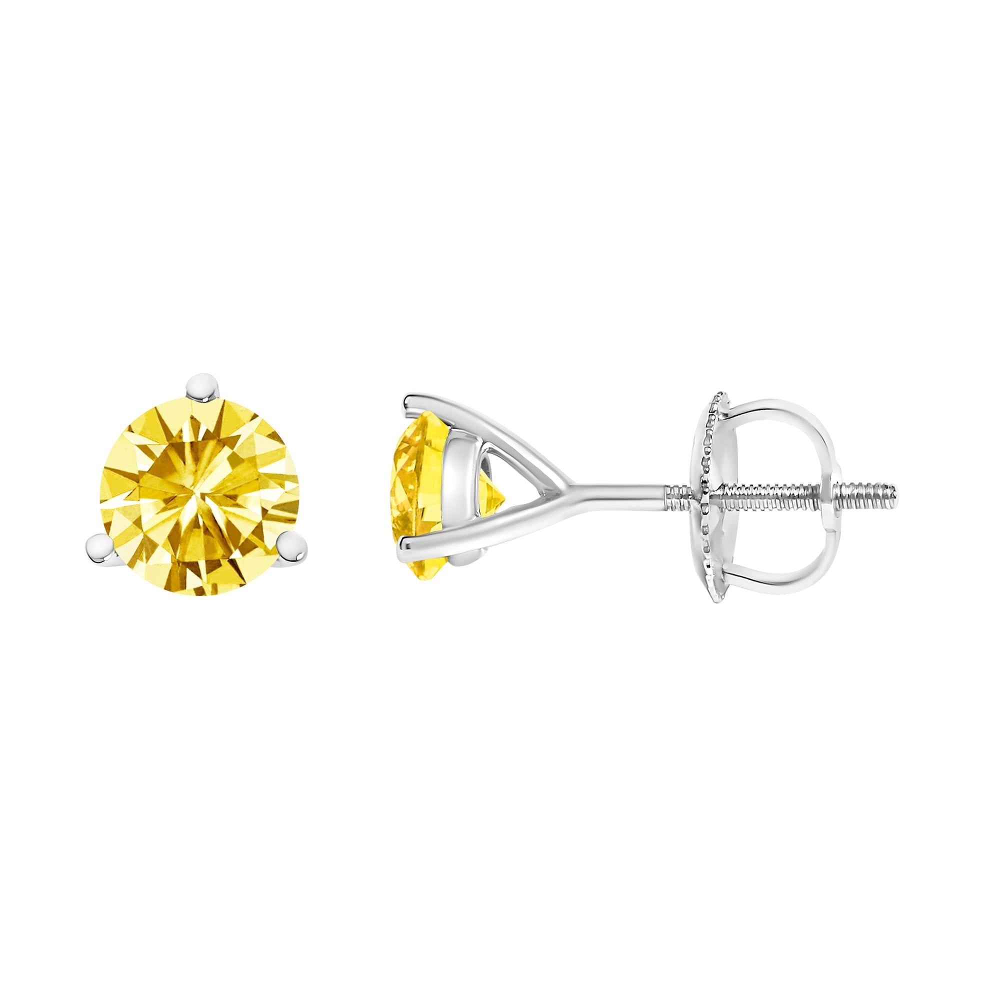 Orecchini a bottone con diamante solitario giallo incastonato in laboratorio a 3 punte in oro 14 carati - Friggin Jewelry