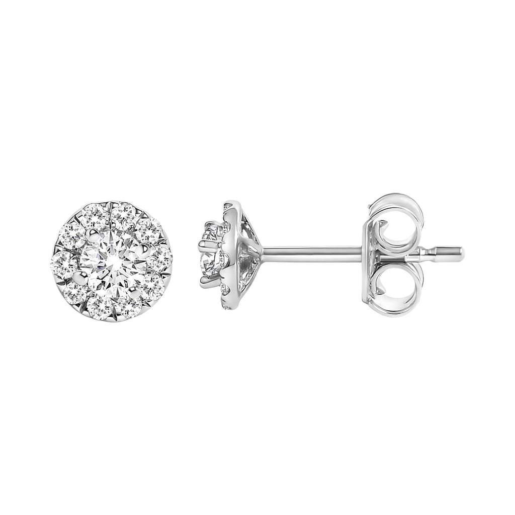Aretes de oro blanco de 14 quilates con halo de diamantes cultivados en laboratorio de 1/3 quilates (color FG, claridad VS1-VS2) - Friggin Jewelry
