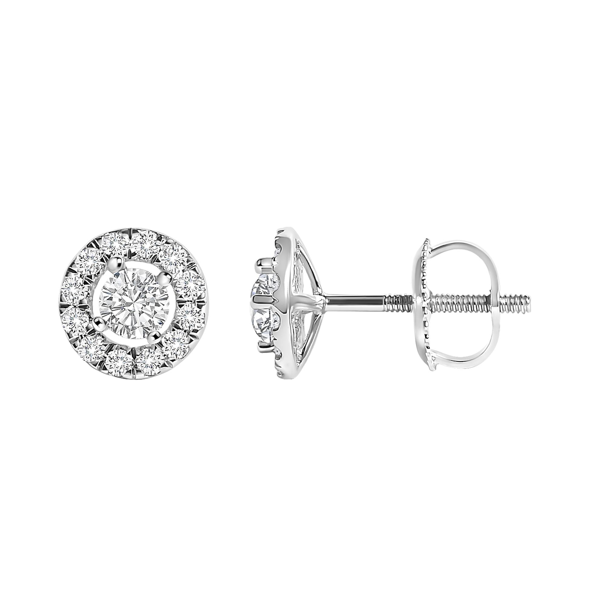 Aretes de oro blanco de 14 quilates con halo flotante de diamantes cultivados en laboratorio de 3/4 quilates (color FG, claridad VS1-VS2) - Friggin Jewelry