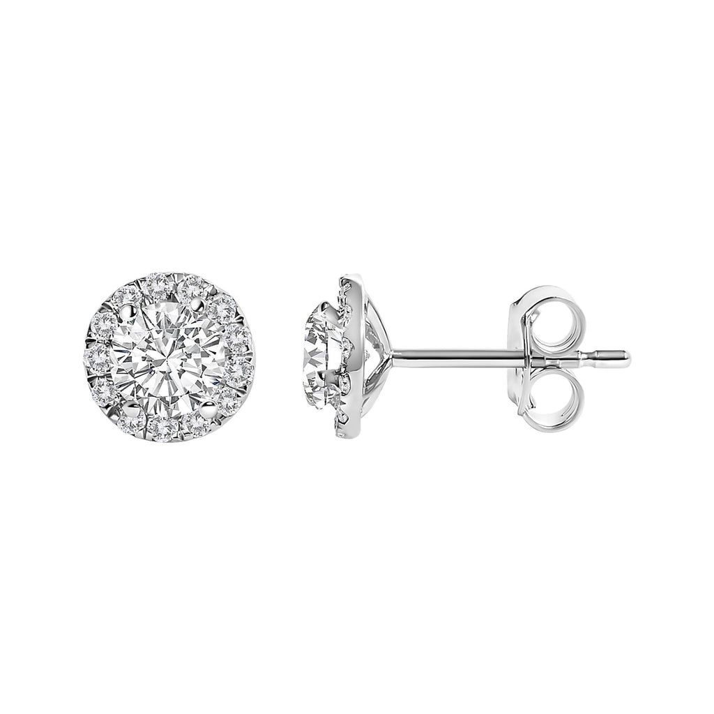 Aretes de oro blanco de 14 quilates con halo de diamantes cultivados en laboratorio de 1,0 quilates (color FG, claridad VS1-VS2) - Friggin Jewelry