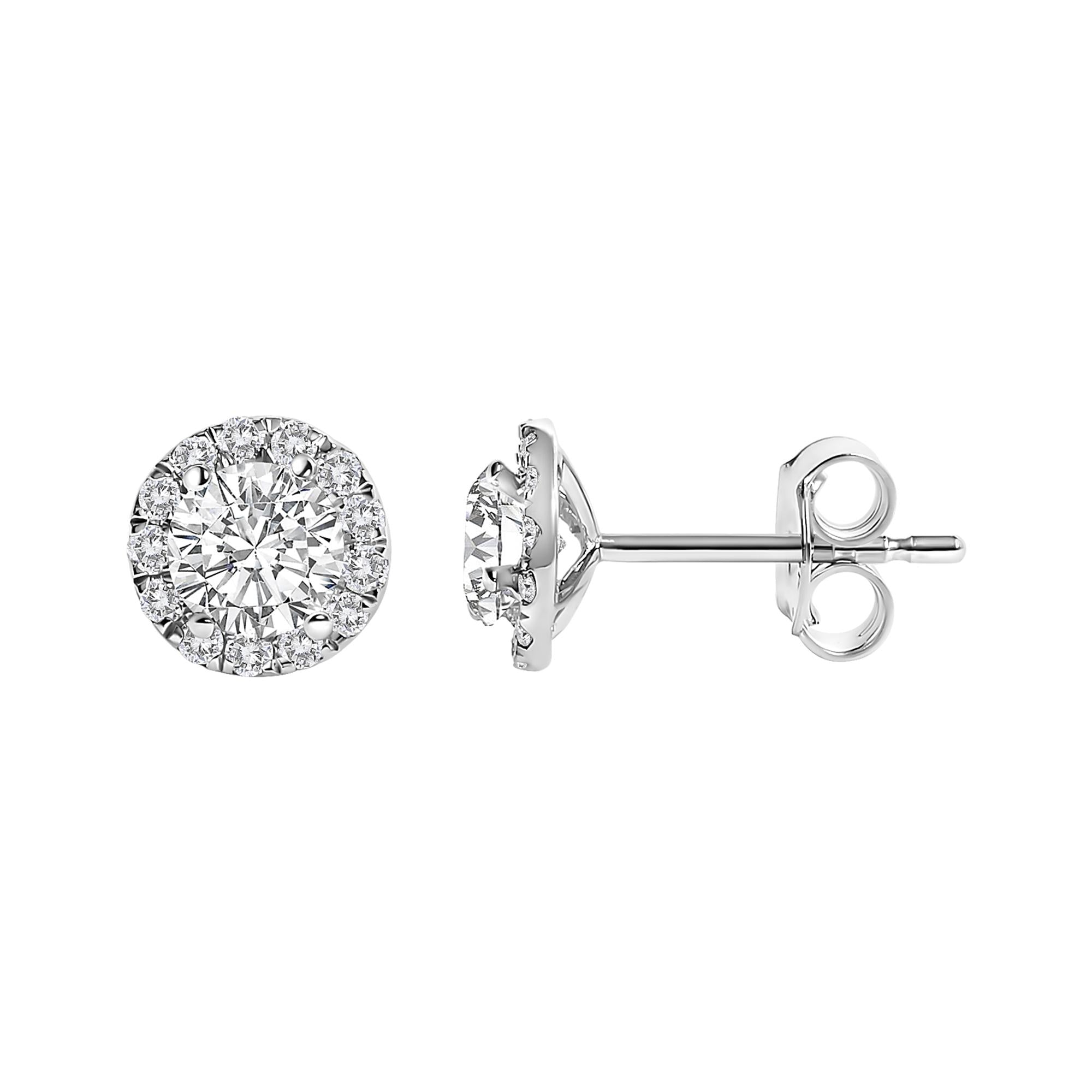 Aretes de oro blanco de 14 quilates con halo de diamantes cultivados en laboratorio de 1,0 quilates (color FG, claridad VS1-VS2) - Friggin Jewelry