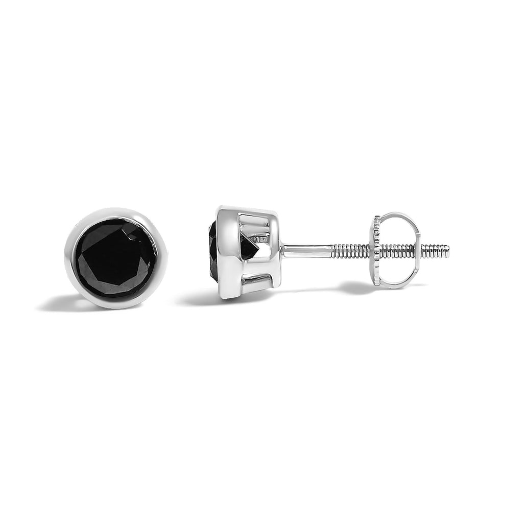 Aretes de plata de ley 925 con diamantes negros redondos de talla brillante, engastados en bisel y cierre de rosca (color elegante, claridad I2-I3) - Friggin Jewelry