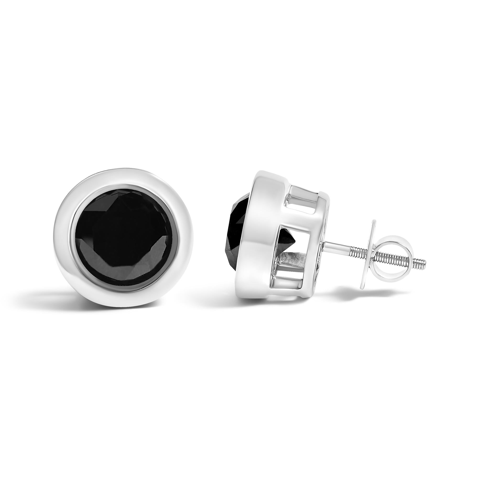 Aretes de plata de ley 925 con diamantes negros redondos de talla brillante, engastados en bisel y cierre de rosca (color elegante, claridad I2-I3) - Friggin Jewelry