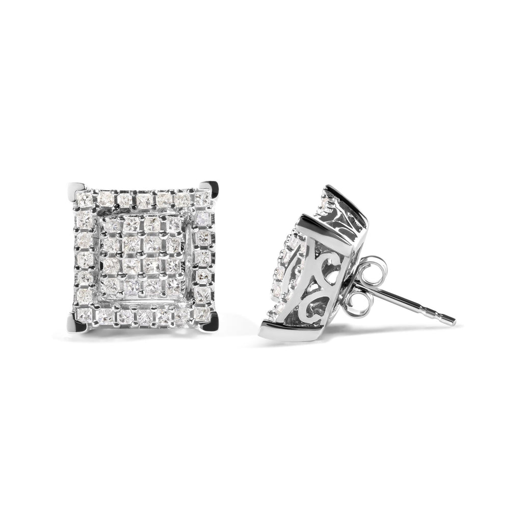 Aretes de oro blanco de 10 quilates con diamantes princesa de 1 1/4 ct y doble cuadrado con halo (color IJ, claridad I1-I2) - Friggin Jewelry