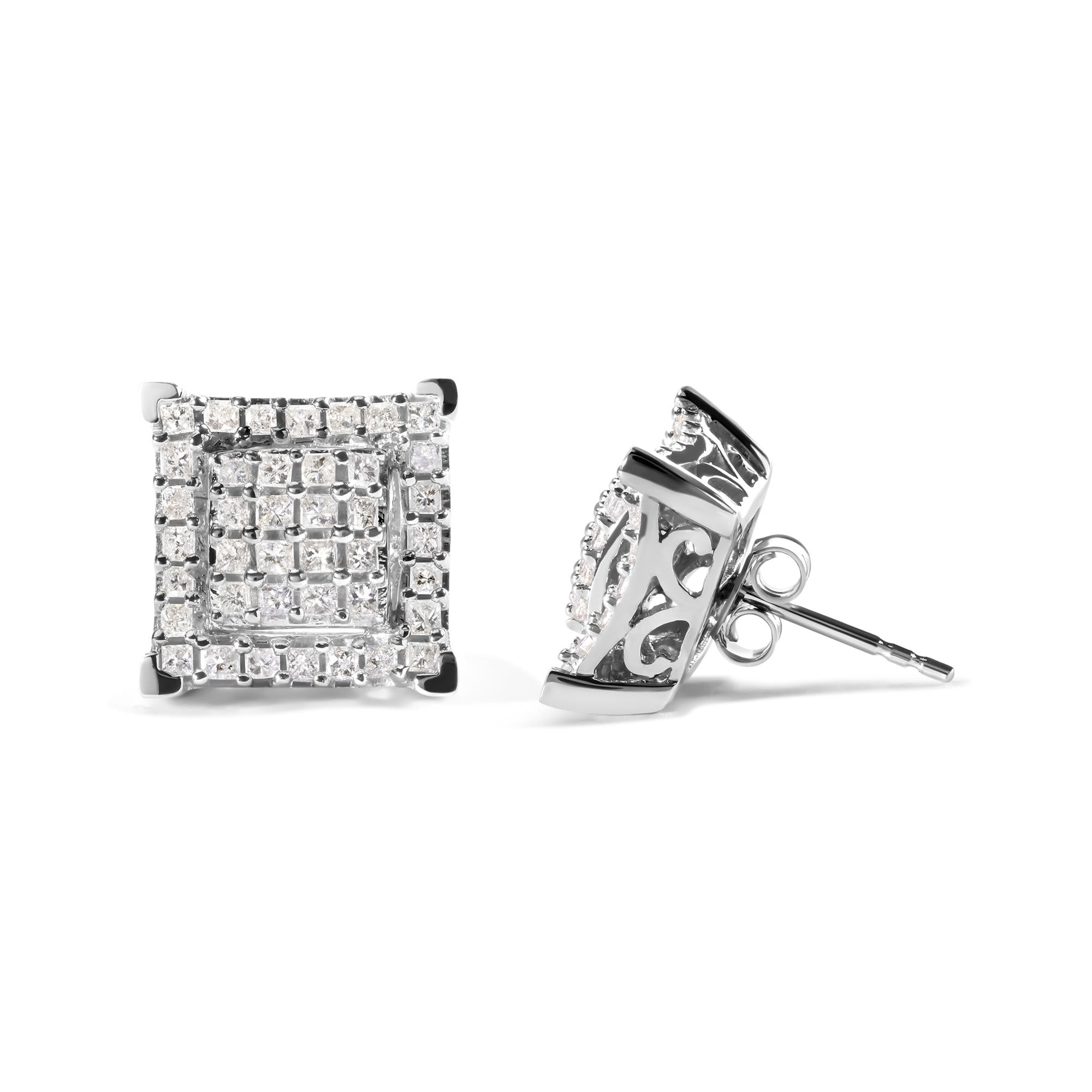 Aretes de oro blanco de 10 quilates con diamantes princesa de 1 1/4 ct y doble cuadrado con halo (color IJ, claridad I1-I2) - Friggin Jewelry