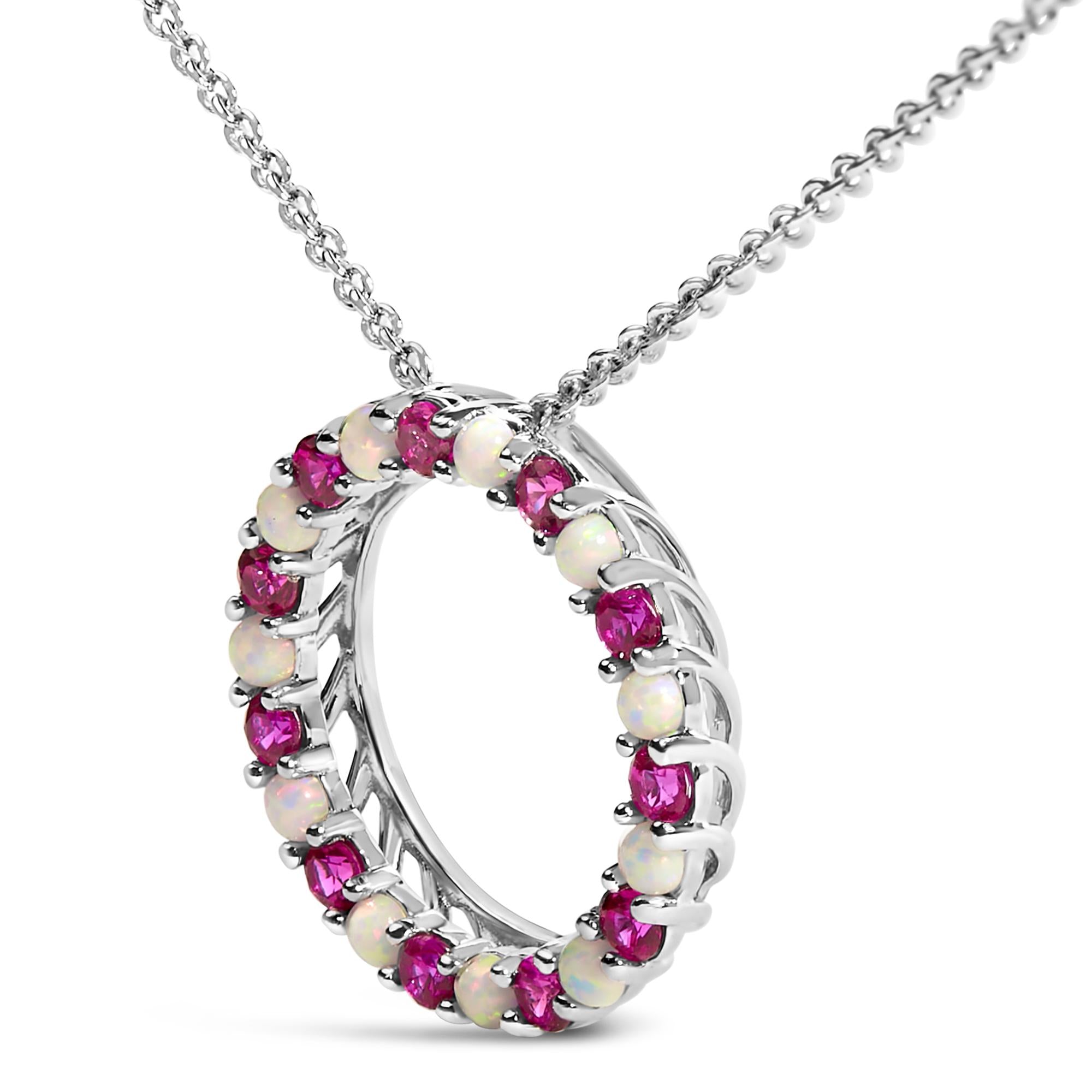 Collar con colgante circular de rubí rojo y ópalo creados alternados en plata de ley 925 - Friggin Jewelry