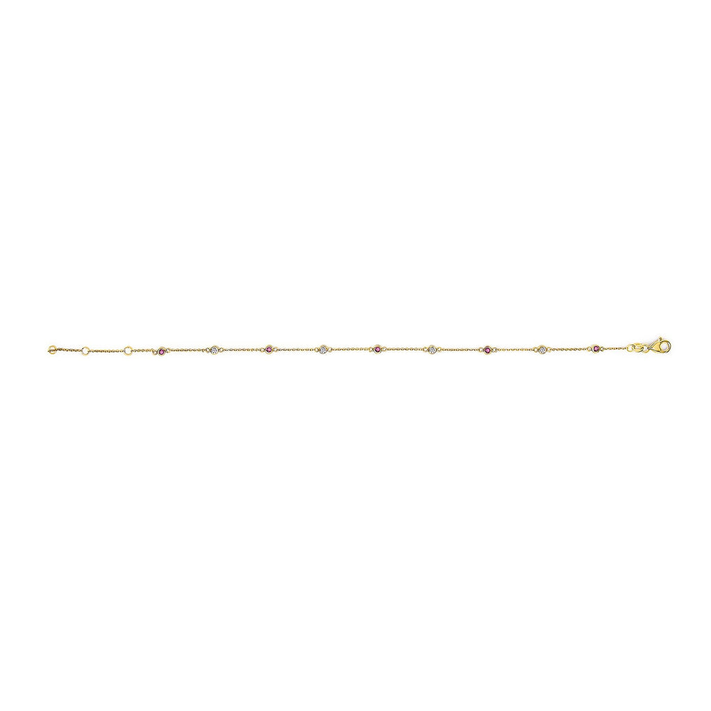 14K Yellow Gold Alternating Red Ruby and White Diamond Bezel Station Chain Bracelet (I-J Color, SI2-I1 Clarity) - 8" Inches - Friggin Jewelry
