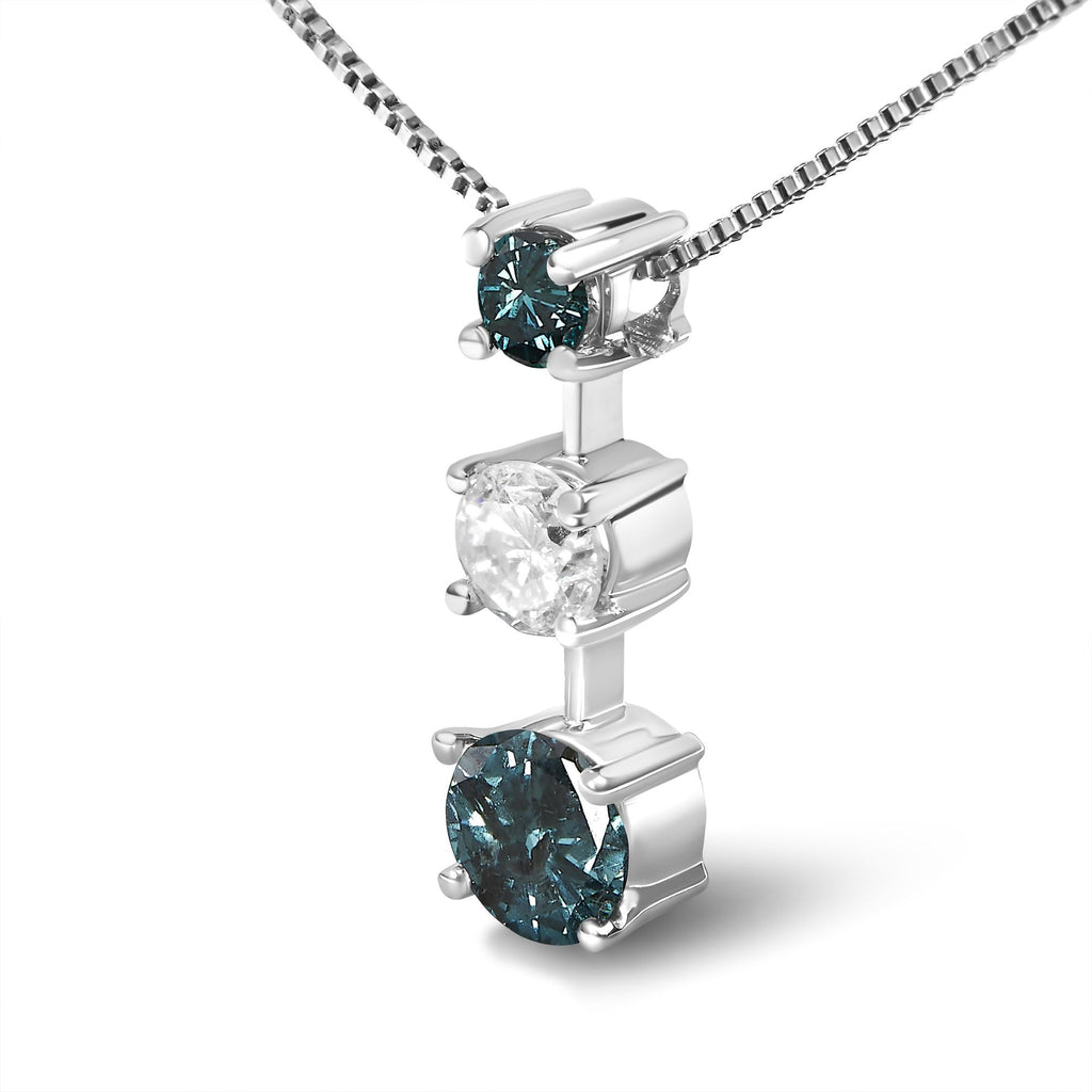 14K White Gold 1 1/2 Cttw Treated Blue and White Diamond 3-Stone 18" Pendant Necklace (Blue/H-I Color, I1-I2 Clarity) - Friggin Jewelry Premium