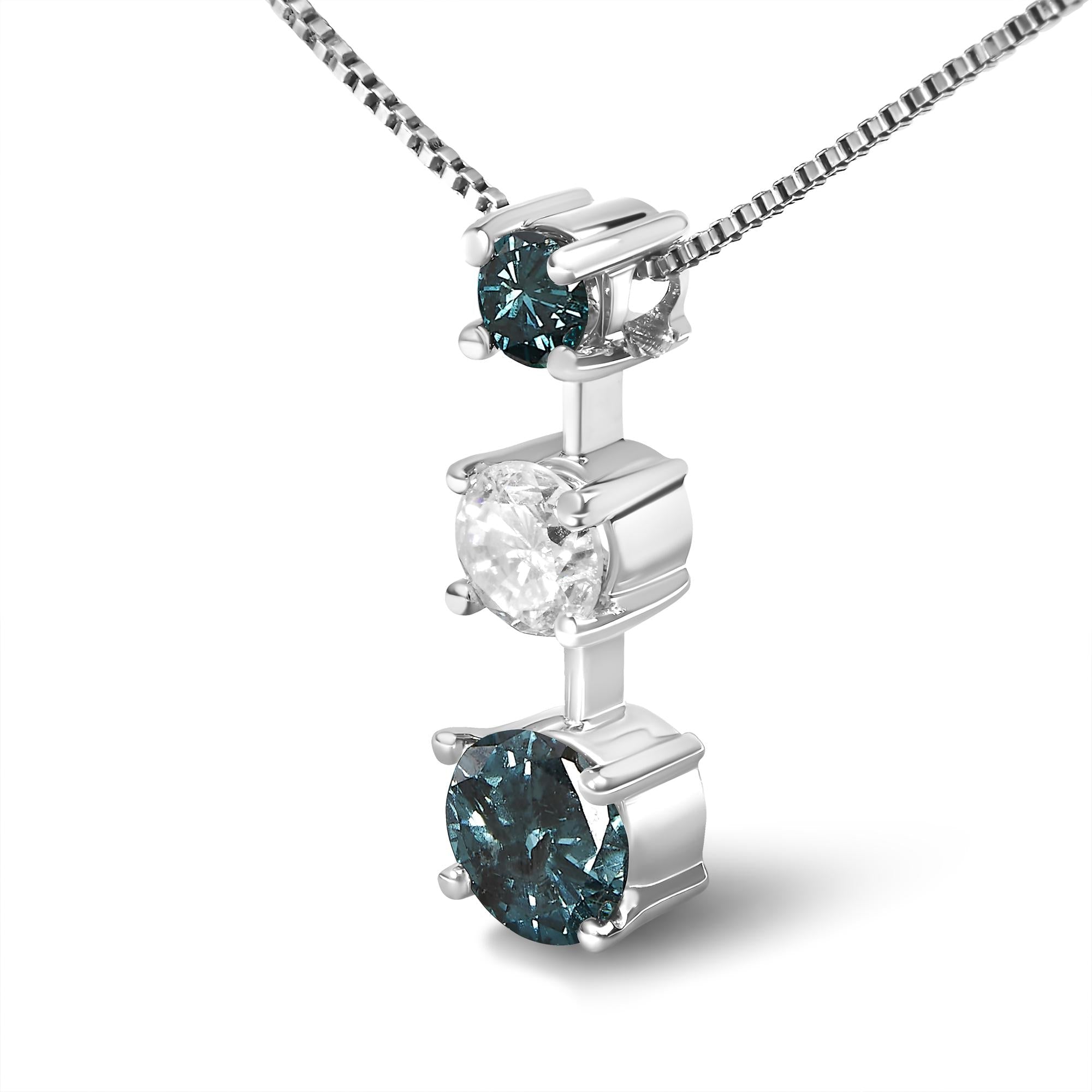 14K White Gold 1 1/2 Cttw Treated Blue and White Diamond 3-Stone 18" Pendant Necklace (Blue/H-I Color, I1-I2 Clarity) - Friggin Jewelry Premium