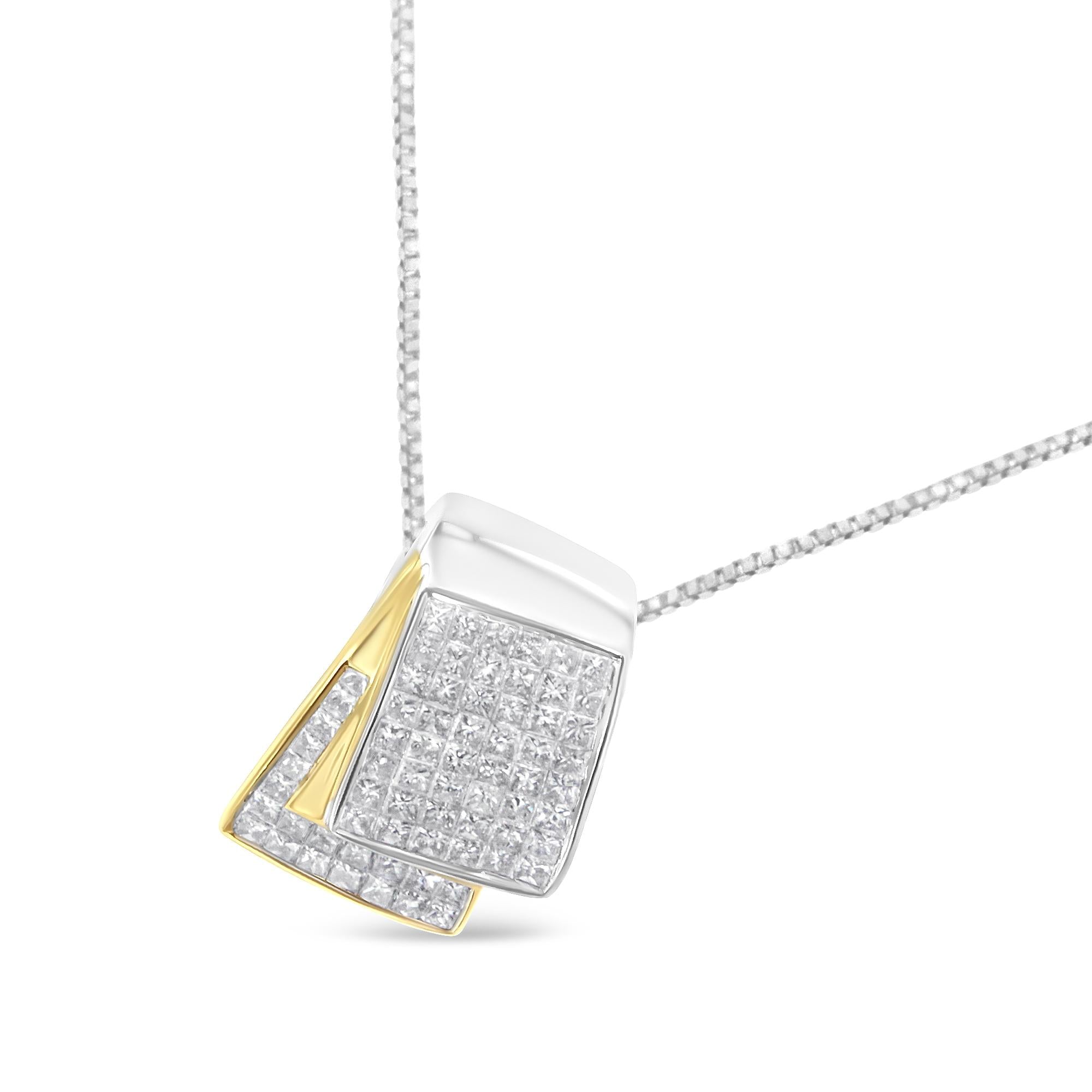 14K White and Yellow Gold 2.0 Cttw Princess Cut Diamond Two Tone Foldover Box Pendant 18” Box Chain Necklace (H-I Color, SI1-SI2 Clarity) - Friggin Jewelry