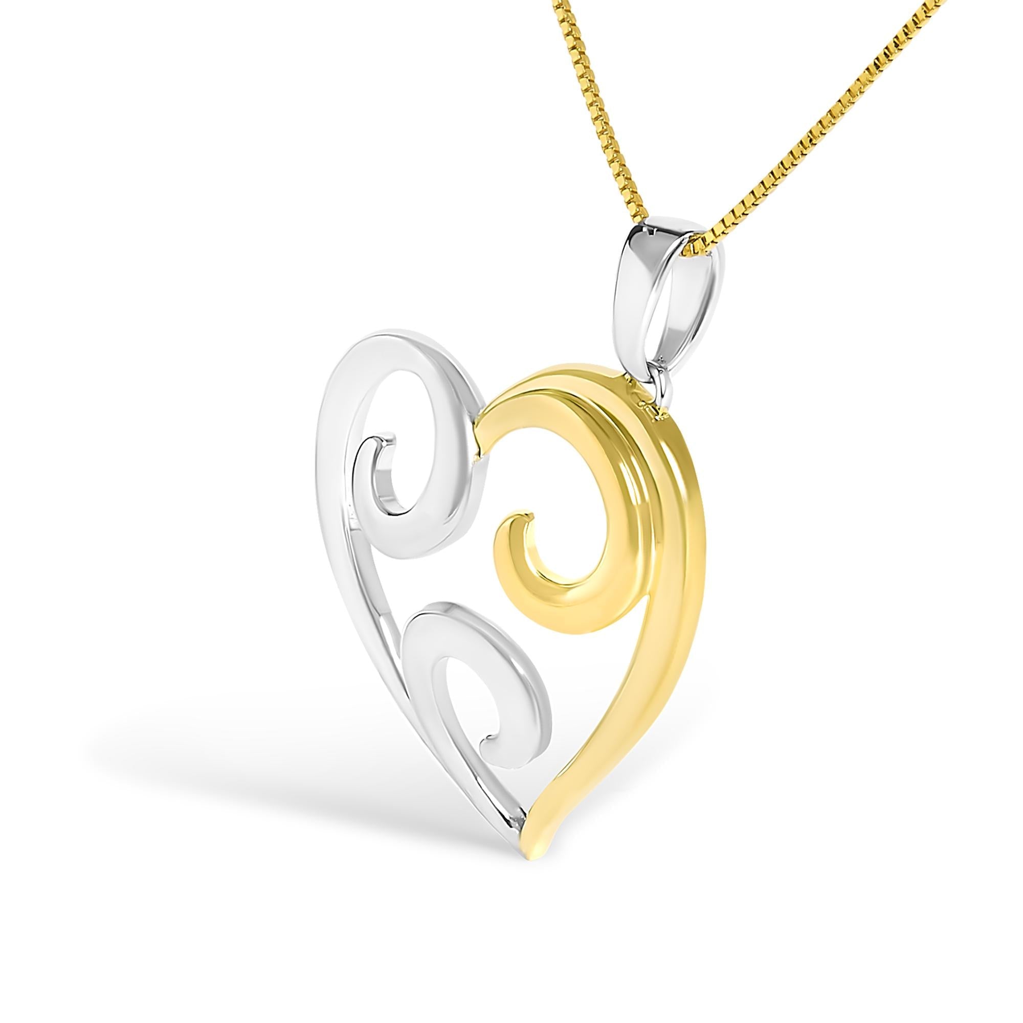10K Yellow Gold Over .925 Sterling Silver Open Heart with Swirls 18" Box Chain Pendant Necklace - Friggin Jewelry