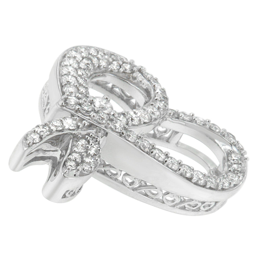 10K White Gold 1 cttw Round Cut Diamond Heart and Bow Pendant Necklace (G-H, SI1-SI2) - Friggin Jewelry Premium