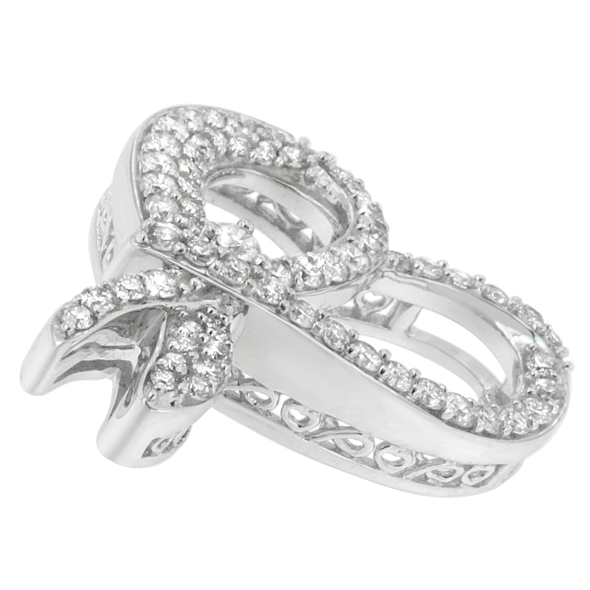 10K White Gold 1 cttw Round Cut Diamond Heart and Bow Pendant Necklace (G-H, SI1-SI2) - Friggin Jewelry