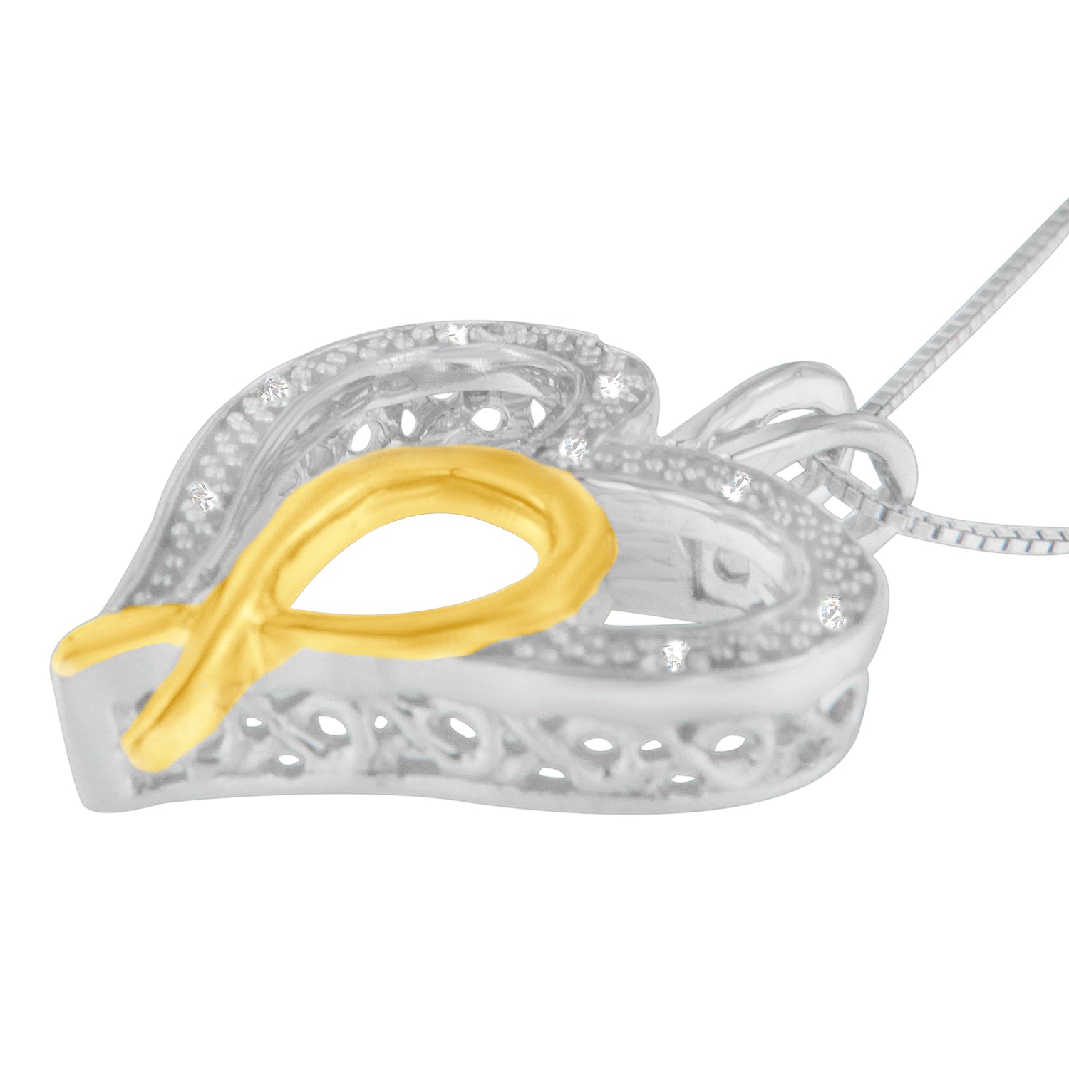 .925 Sterling Silver Two Toned 1/25 cttw Diamond Heart-Ribbon Pendant Necklace (I-J, I2-I3) - Friggin Jewelry