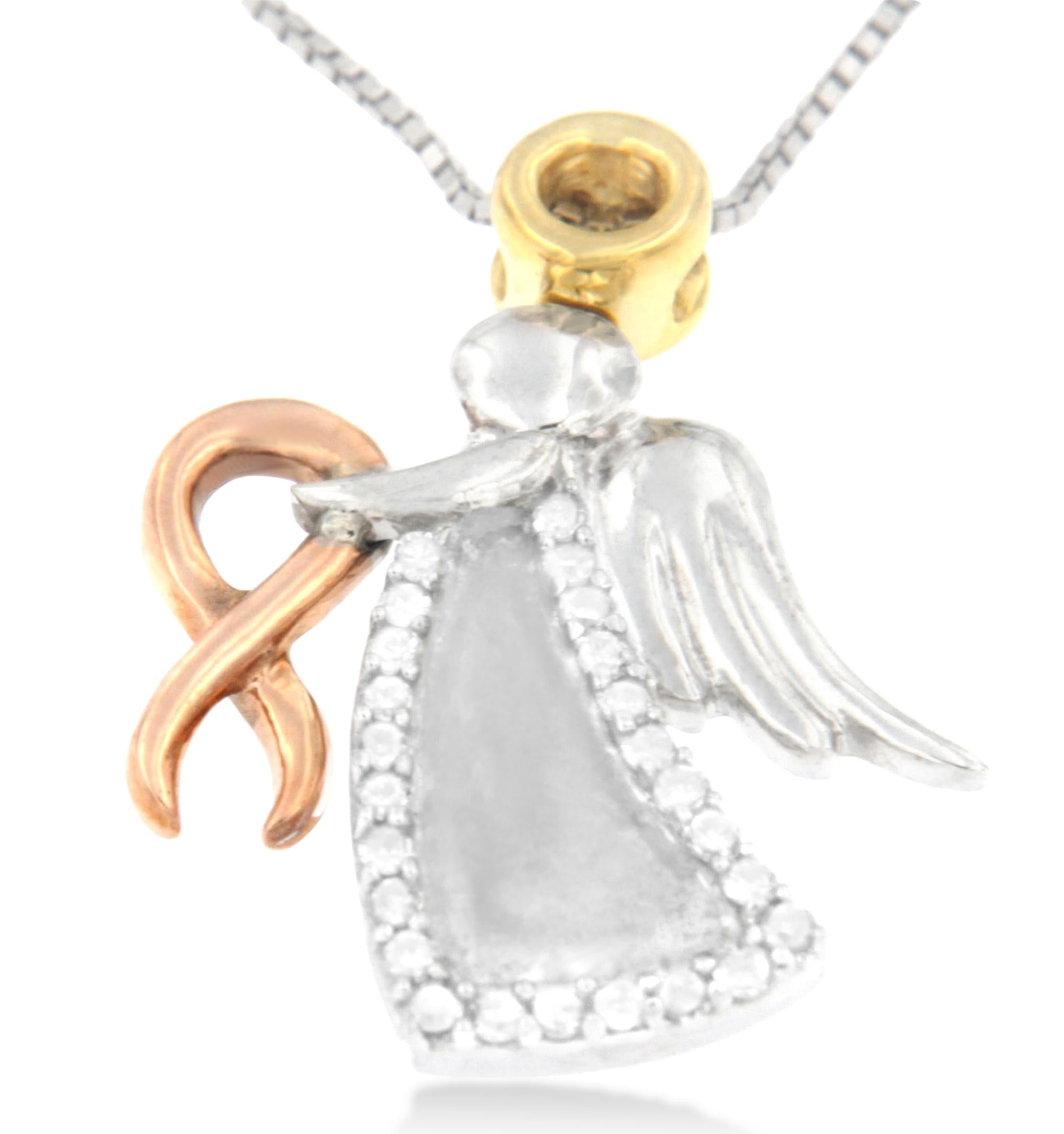 10K Tri-Color Gold Diamond-Accented Angel Awareness Ribbon Pendant Necklace (H-I Color, I1-I2 Clarity) - Friggin Jewelry