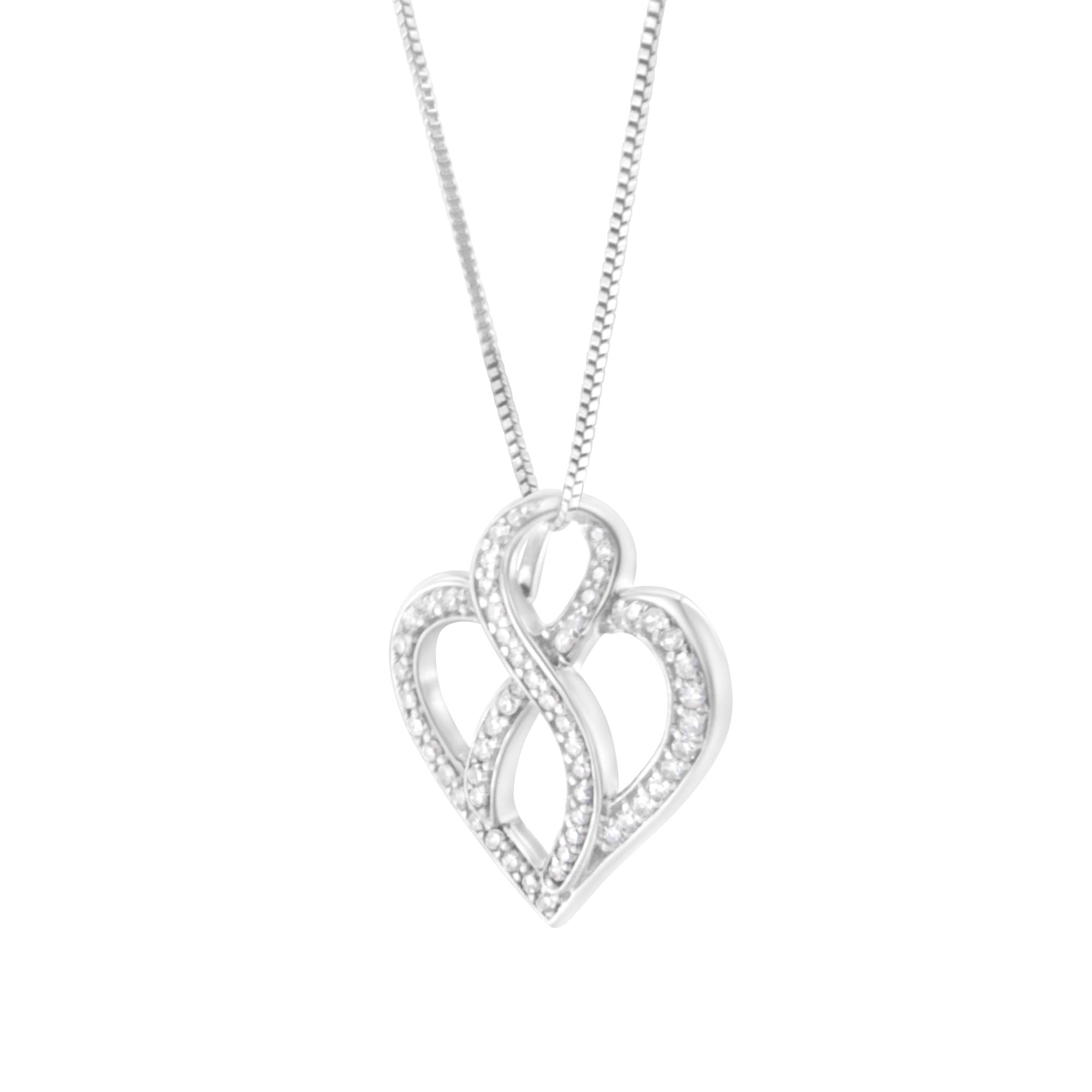 14K White Gold 1/4 cttw Round Cut Diamond Heart and Ribbon Center Pendant Necklace (H-I, I1-I2) - Friggin Jewelry