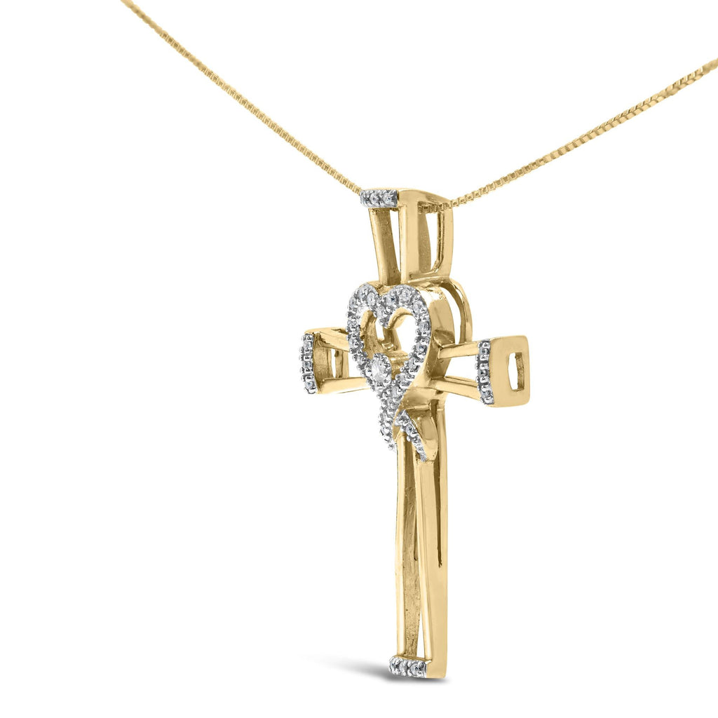 14K Yellow Gold Plated .925 Sterling Silver 1/6 Cttw Diamond Interlocking Heart and Ribbon Cross Pendant Necklace (H-I Color, I2-I3 Clarity) - 18" Inches - Friggin Jewelry