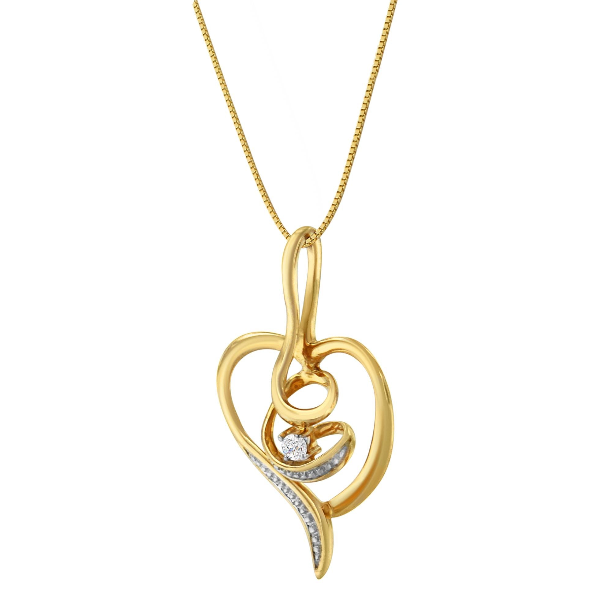 Espira 10K Yellow Gold .03 Cttw Diamond-Accented Round-Cut Diamond Swirl Open Heart 18" Pendant Necklace (I-J Color, I2-I3 Clarity) - Friggin Jewelry