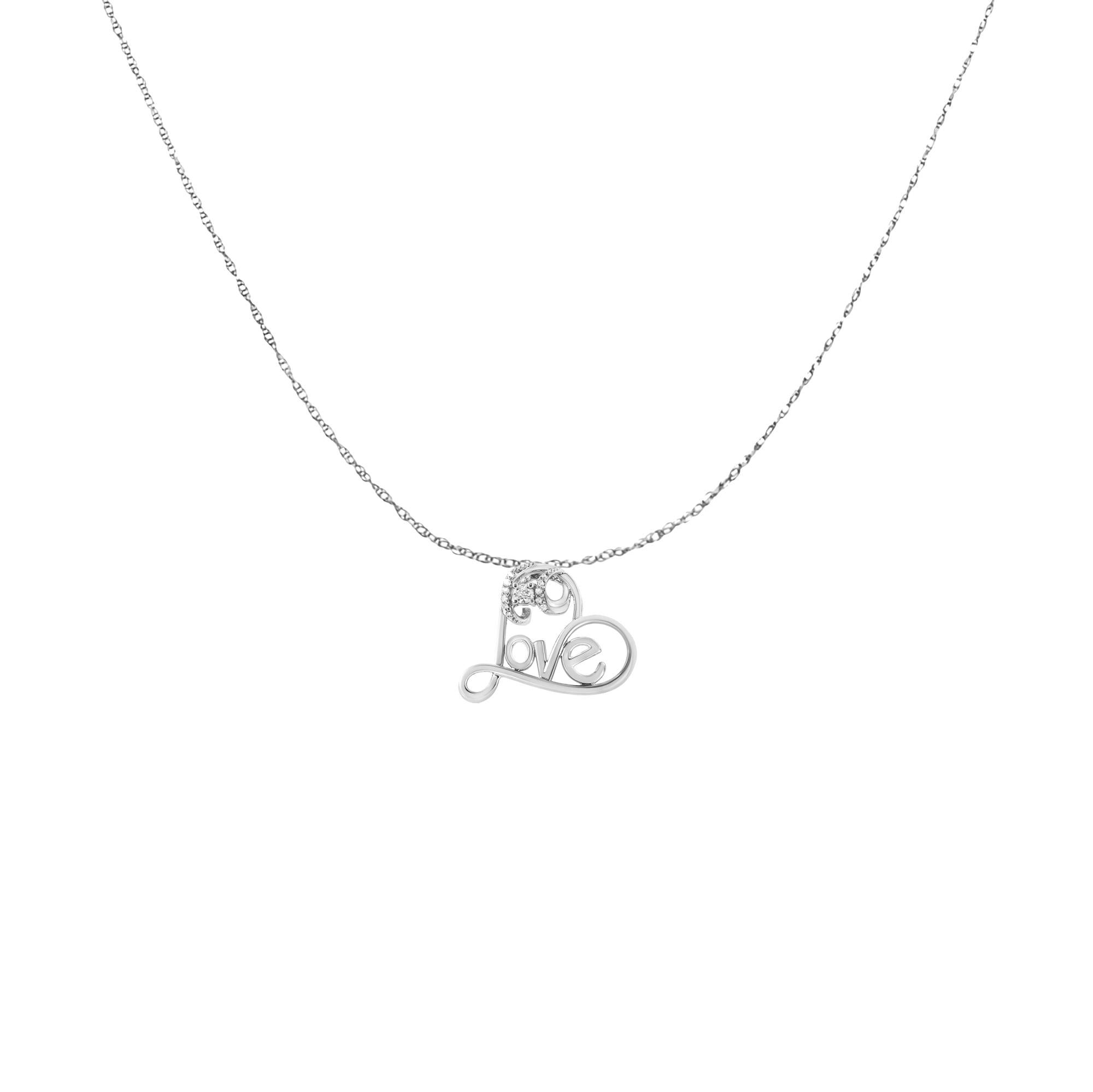 .925 Sterling Silver 1/10 Cttw Round Brilliant-Cut Diamond Accented Open Heart with Love 18" Pendant Necklace (H-I Color, I1-I2 Clarity) - Friggin Jewelry
