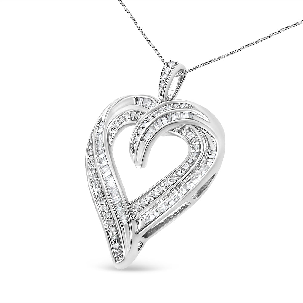 .925 Sterling Silver 3/4 Cttw Round and Baguette-Cut Diamond Open Heart 18" Pendant Necklace (I-J Color, I2-I3 Clarity) - Friggin Jewelry