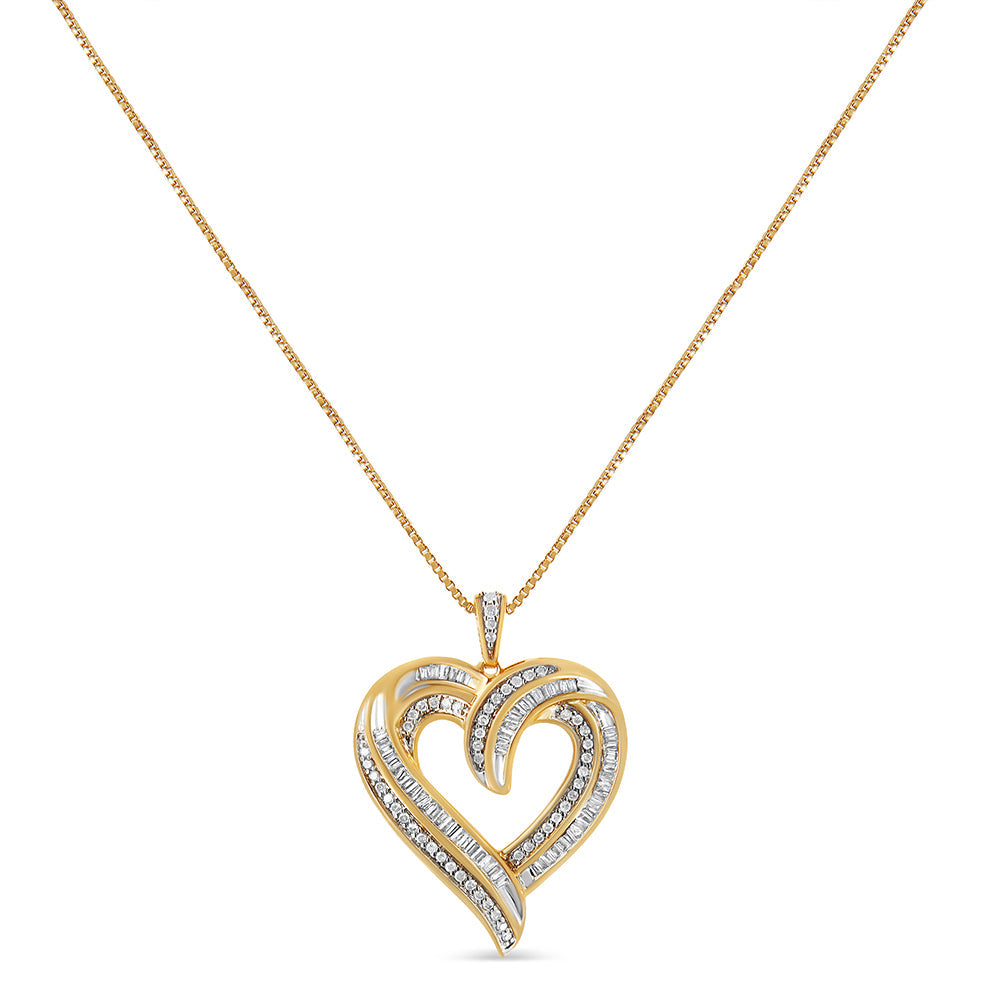 .925 Sterling Silver 3/4 Cttw Round and Baguette-Cut Diamond Open Heart 18" Pendant Necklace (I-J Color, I2-I3 Clarity) - Friggin Jewelry