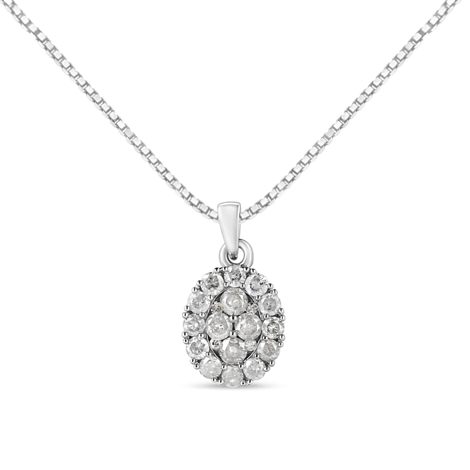 .925 Sterling Silver 1 1/2 Cttw Diamond Oval Cluster Pendant Necklace (I-J Color, I2-I3 Clarity) - 18" - Friggin Jewelry