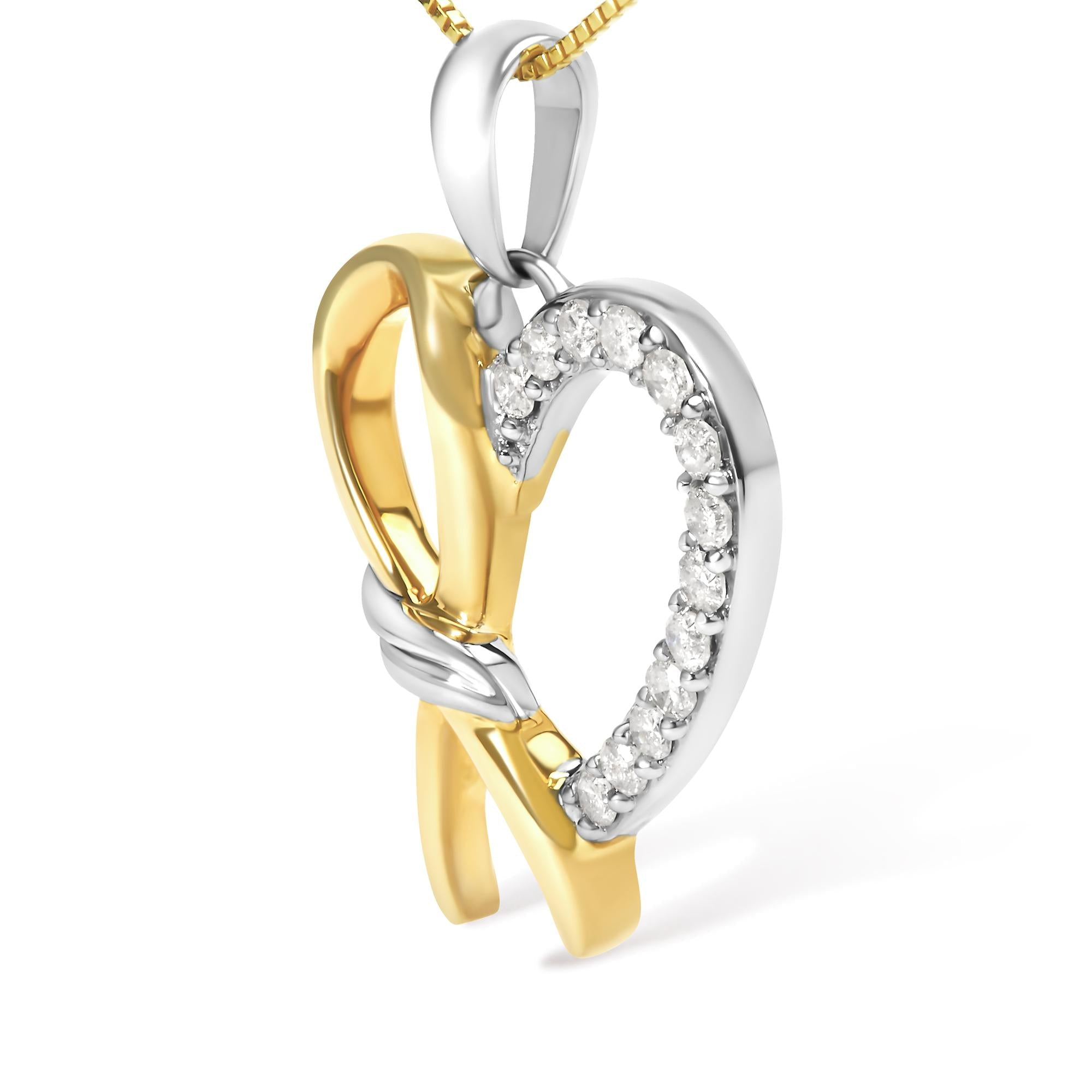 10K Yellow Gold Plated .925 Sterling Silver 1/5 Cttw Diamond Ribbon Heart Pendant Necklace (H-I Color, I2-I3 Clarity) - 18" - Friggin Jewelry