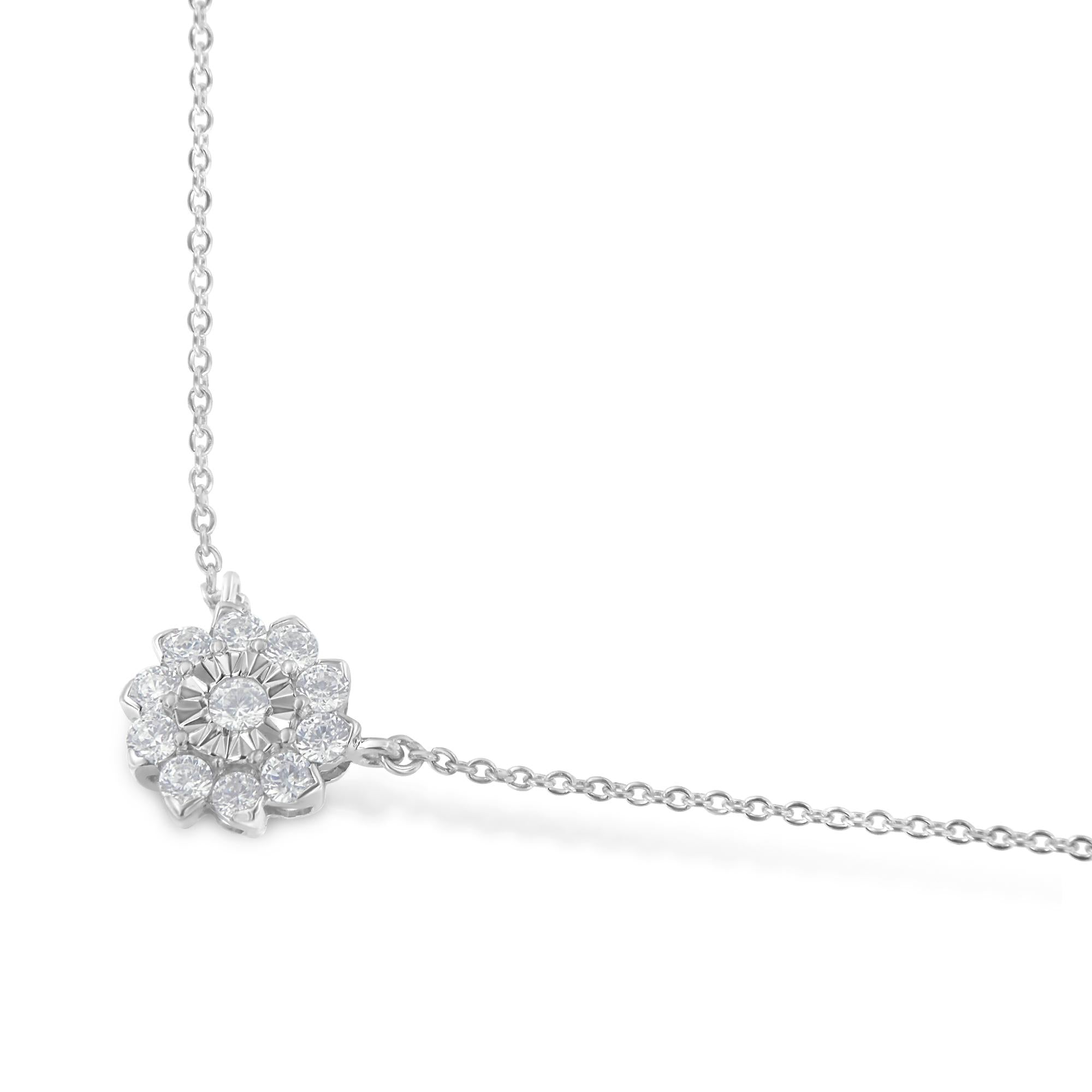 .925 Sterling Silver 1/2 Cttw Diamond Miracle Set Flower Cluster Pendant Necklace with Cable Chain (I-J Color, I1-I2 Clarity) - 18” - Friggin Jewelry
