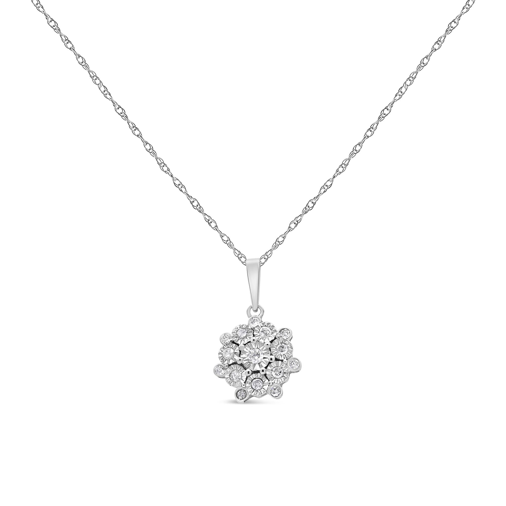 .925 Sterling Silver 1/4 cttw Diamond Floral Cluster Pendant Necklace (I-J, I2-I3) - Friggin Jewelry