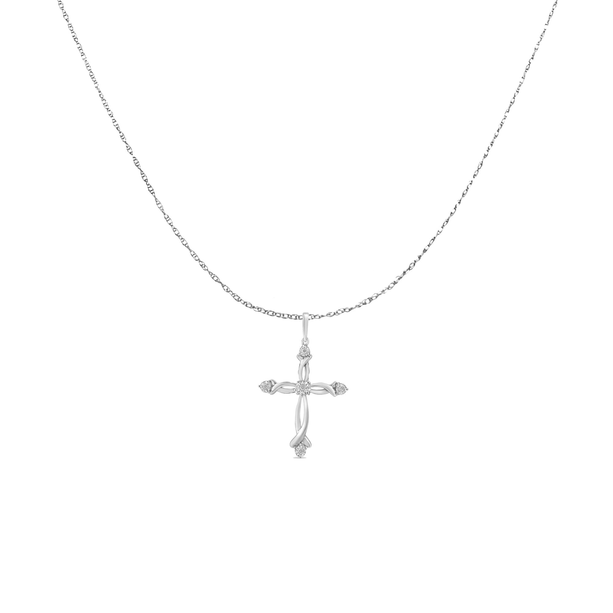 .925 Sterling Silver Round Cut Diamond Accent Cross Pendant Necklace (1/15 cttw, I-J Color, I3 Clarity) - Friggin Jewelry