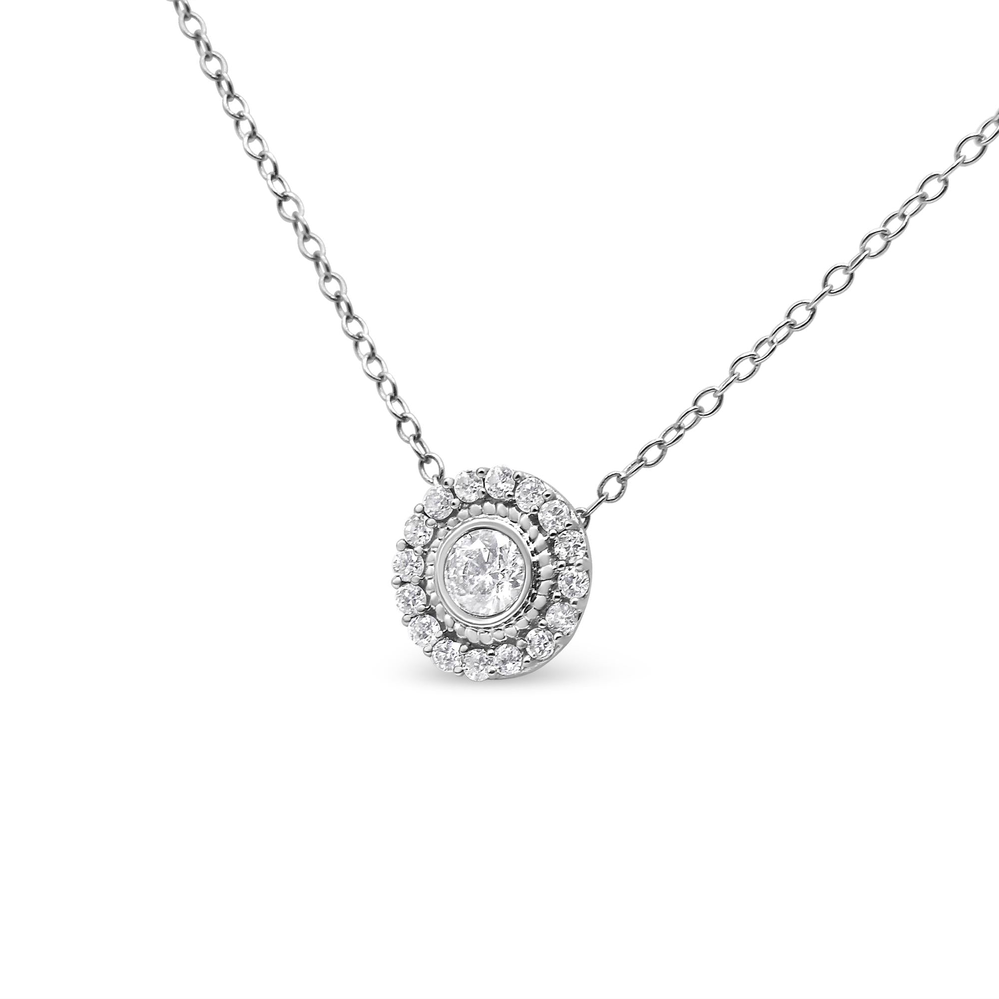 .925 Sterling Silver 1/2 Cttw Round Diamond Halo Circle Pendant 18" Necklace (I-J Color, I2-I3 Clarity) - Friggin Jewelry