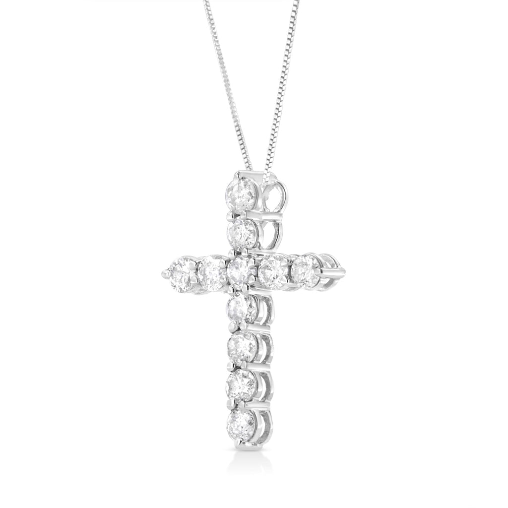 .925 Sterling Silver 1.0 Cttw Prong Set Round-Cut Diamond Cross 18" Pendant Necklace (I-J Color, I2-I3 Clarity) - Friggin Jewelry