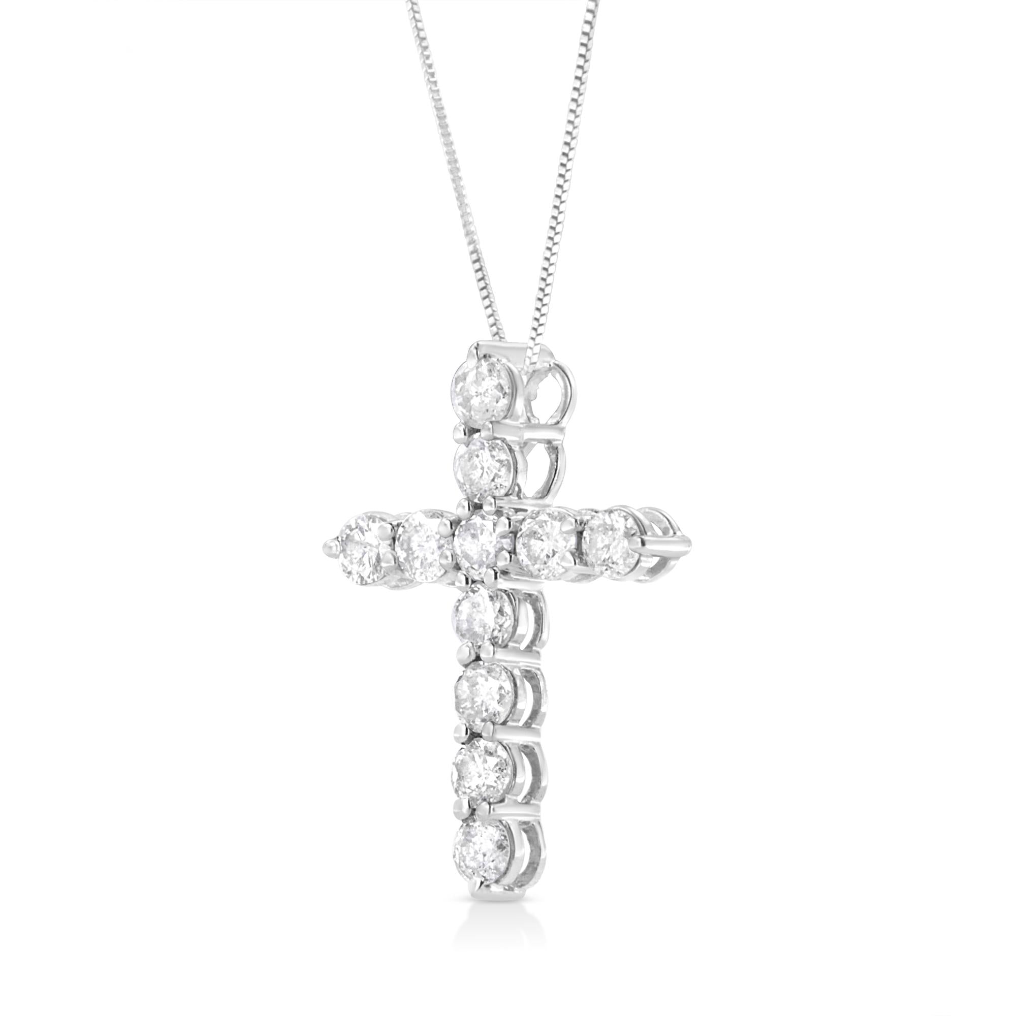 .925 Sterling Silver 1.0 Cttw Prong Set Round-Cut Diamond Cross 18" Pendant Necklace (I-J Color, I2-I3 Clarity) - Friggin Jewelry