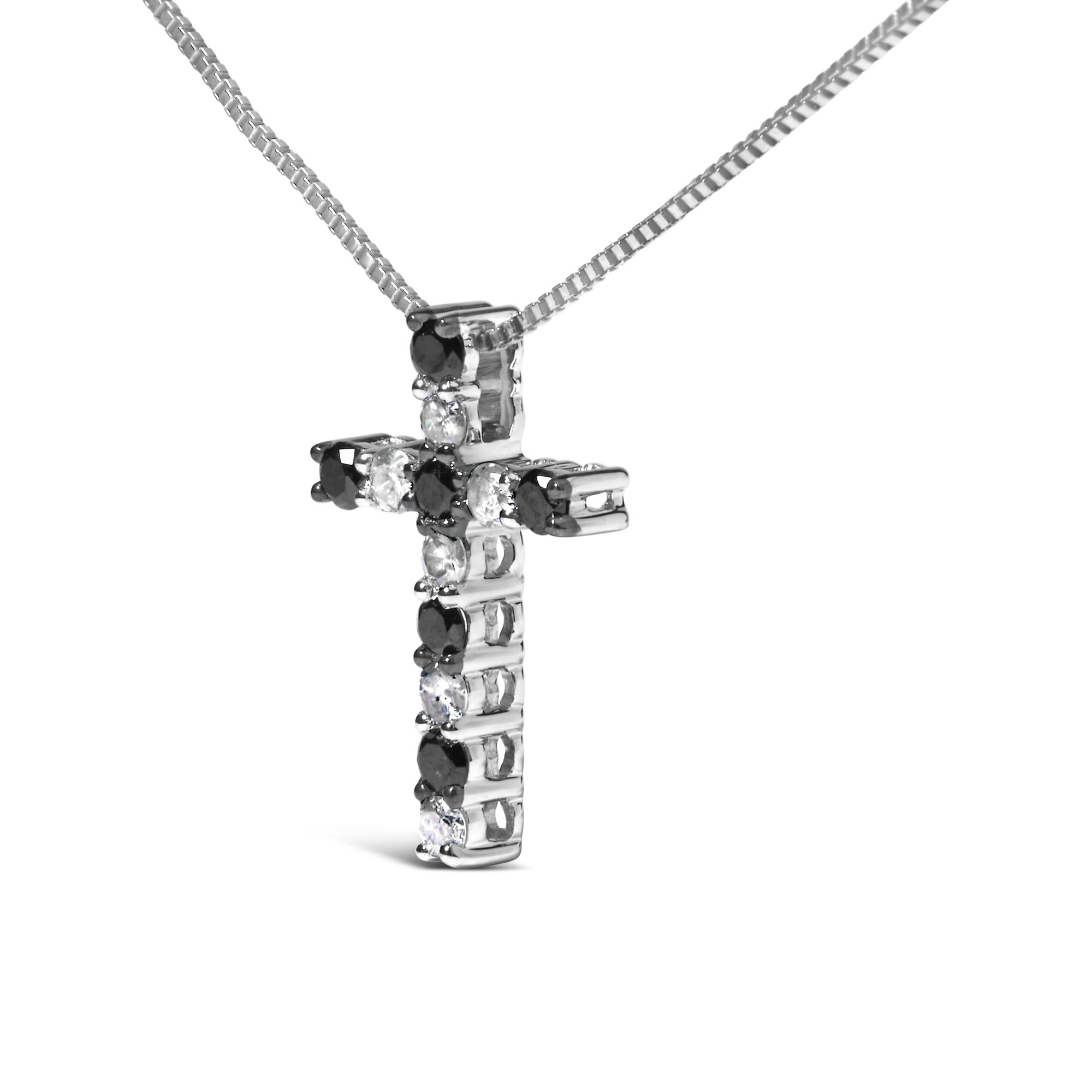 .925 Sterling Silver 1/2 Cttw Alternating Black and White Diamond Cross Pendant Necklace  (Treated Black and H-I Color, I3 Clarity) - 18" - Friggin Jewelry
