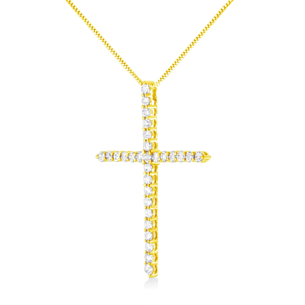 10K Yellow Gold Plated .925 Sterling Silver 3.0 Cttw Prong-Set Round Brilliant Cut Diamond Cross 18" Pendant Necklace (J-K Color, I1-I2 Clarity) - Friggin Jewelry