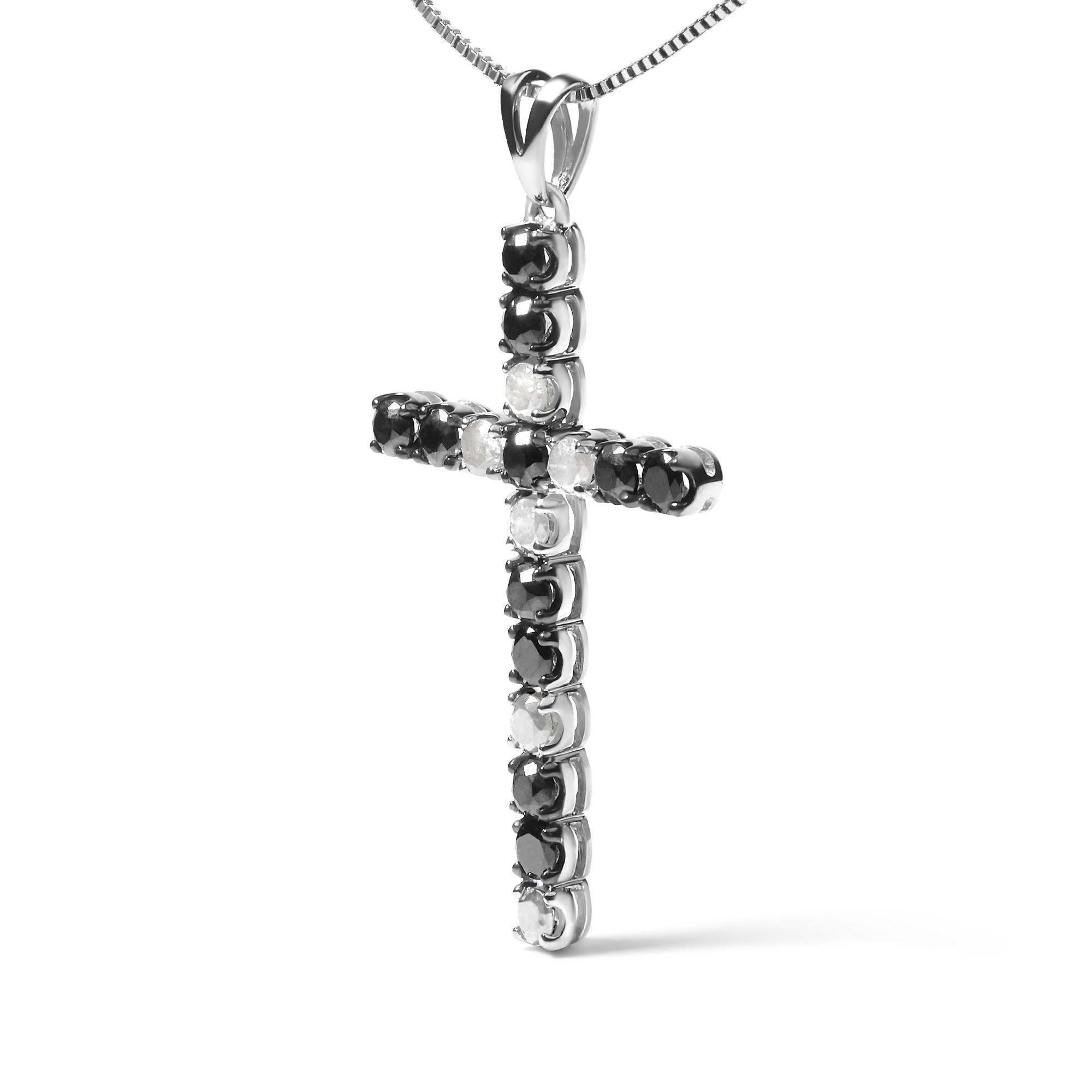 .925 Sterling Silver 1.0 Cttw Black and White Diamond Alternating Classic Cross 18" Pendant Necklace (Black/I-J Color, I3 Clarity)" - Friggin Jewelry