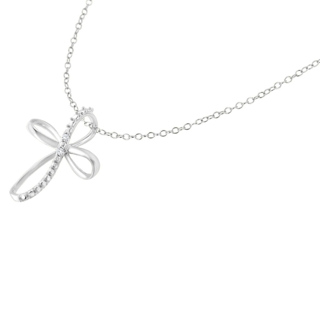 .925 Sterling Silver Diamond Accent Cross Ribbon 18" Pendant Necklace (I-J Color, I2-I3 Clarity) - Friggin Jewelry