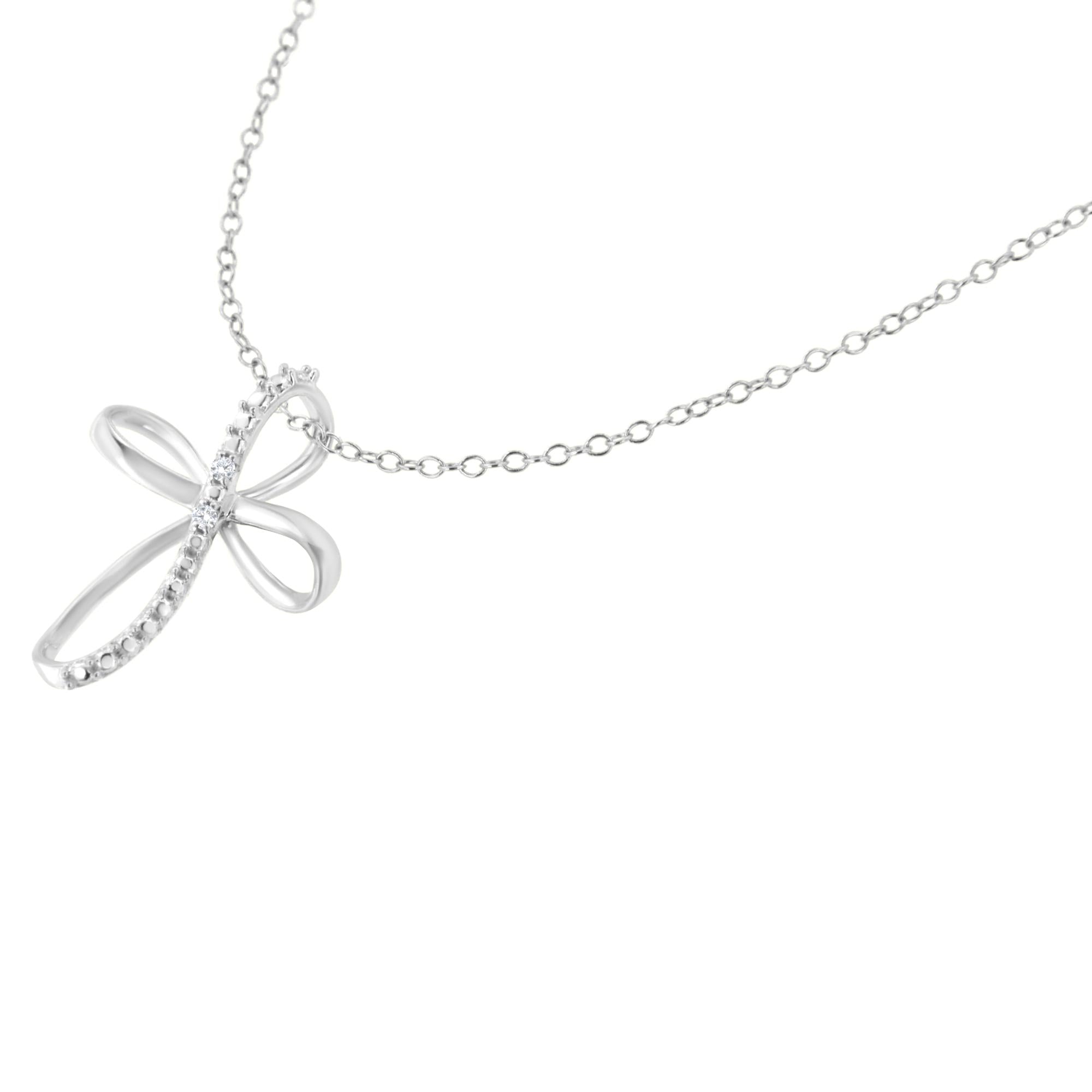 .925 Sterling Silver Diamond Accent Cross Ribbon 18" Pendant Necklace (I-J Color, I2-I3 Clarity) - Friggin Jewelry