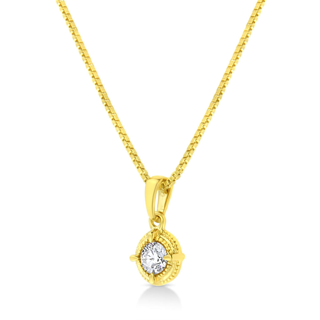 14K Yellow Gold Plated .925 Sterling Silver Brilliant Round Cut Diamond Solitaire Milgrain 18" Pendant Necklace - Friggin Jewelry