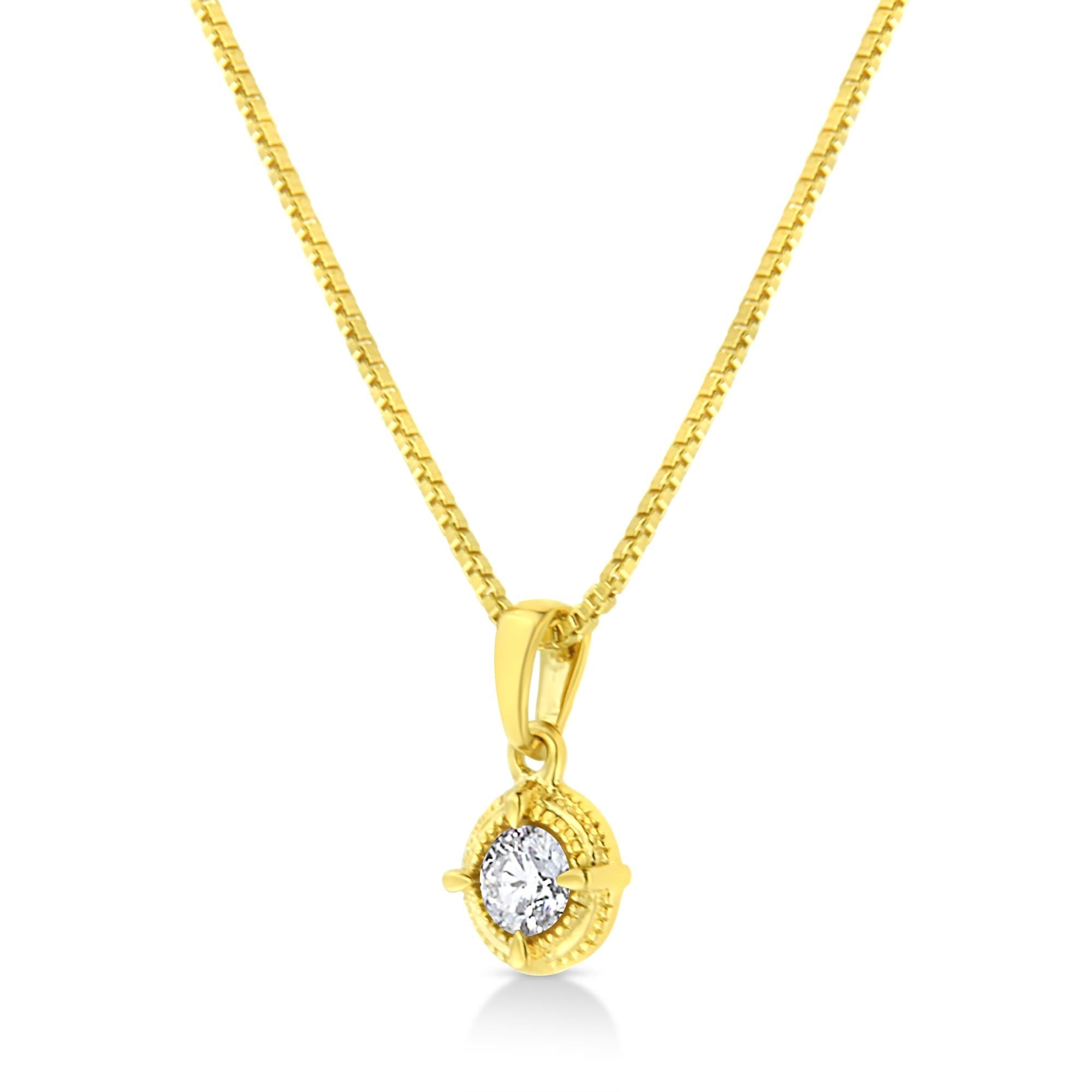 14K Yellow Gold Plated .925 Sterling Silver Brilliant Round Cut Diamond Solitaire Milgrain 18" Pendant Necklace - Friggin Jewelry