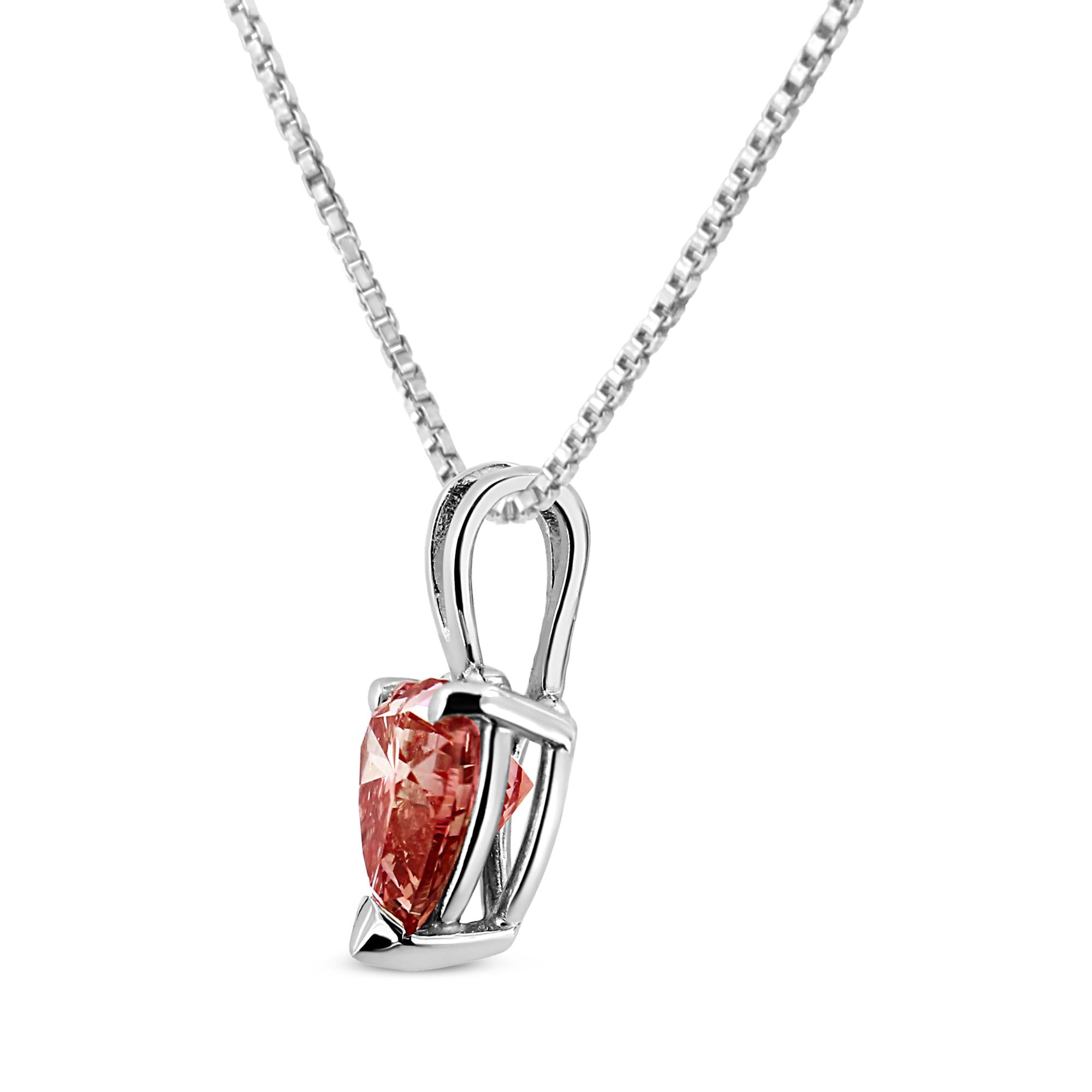 14K White Gold Martini-Set 1.00 Cttw Lab Grown Pink Heart Diamond Solitaire 18" Pendant Necklace (Pink Color, VS2-SI1 Clarity) - Friggin Jewelry