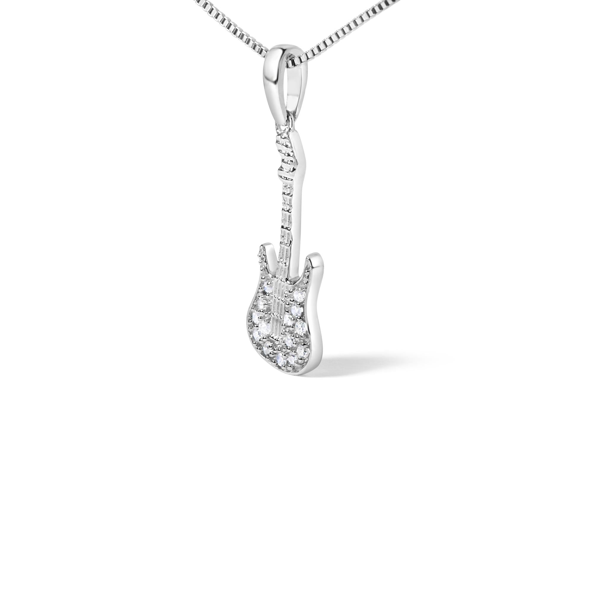.925 Sterling Silver 1/10 Cttw Diamond Studded Guitar Pendant Necklace (I-J Color, I2-I3 Clarity) - 18" Inches - Friggin Jewelry