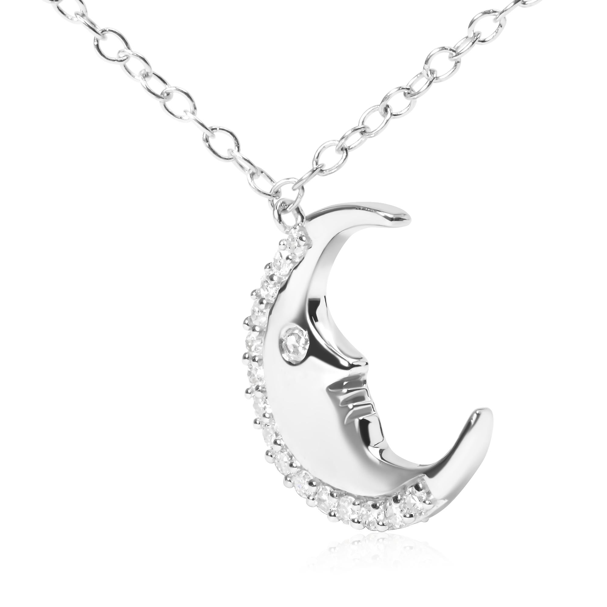 .925 Sterling Silver 1/10ct Diamond Crescent Man on the Moon 18" Pendant Necklace (H-I Color, SI1-SI2 Clarity) - Friggin Jewelry