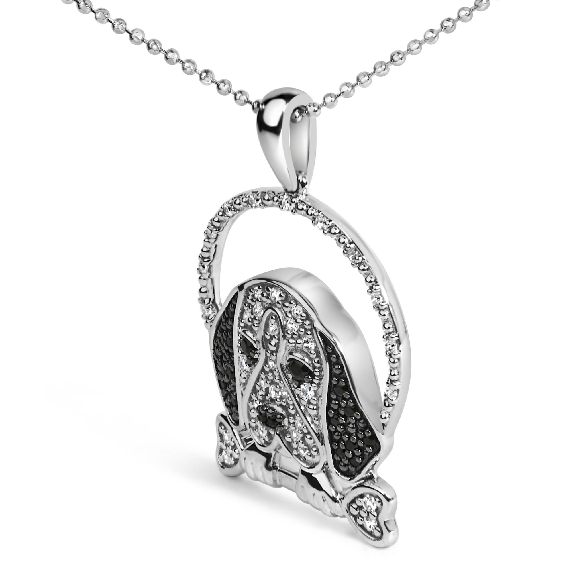 Collana con ciondolo a forma di cane Beagle e osso in argento sterling 925 da 1/4 ct con diamanti bianchi e neri (colore IJ, purezza I2-I3) - 18 pollici - Friggin Jewelry