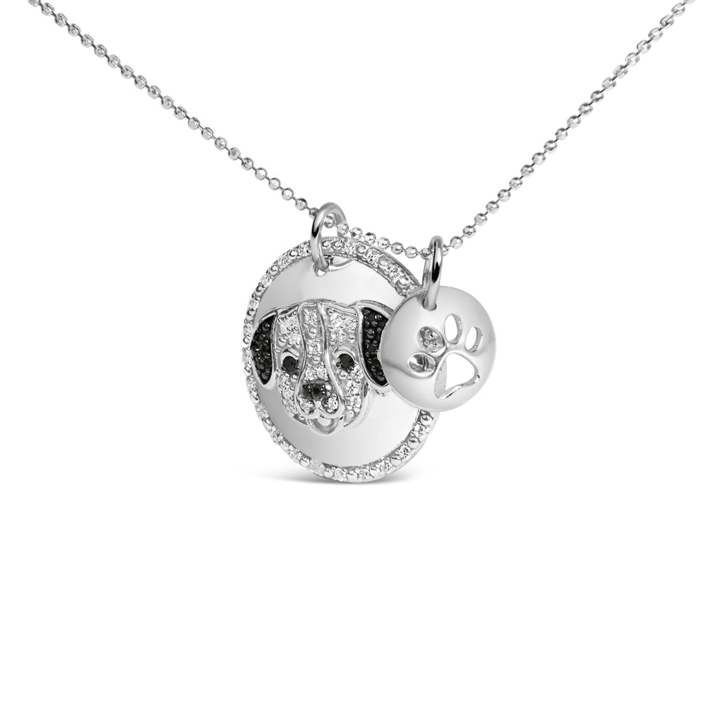 .925 Sterling Silver 1/4 Cttw White and Black Diamond Pitbull Dog Medallion and Charm 18" Pendant Necklace (I-J Color, I2-I3 Clarity) - Friggin Jewelry