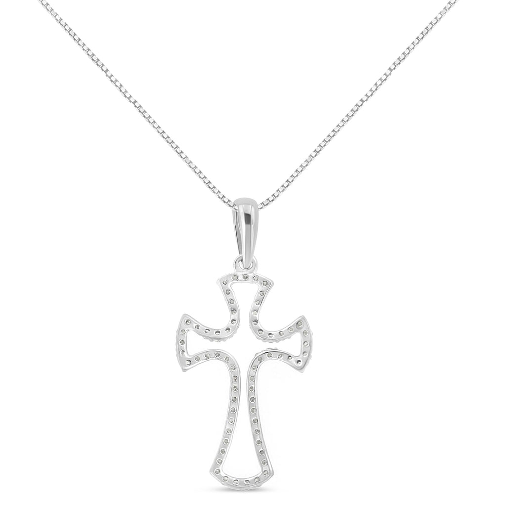 .925 Sterling Silver 1/3 Cttw Diamond Framed Open Cross 18" Pendant Necklace (J-K Color, I2-I3 Clarity) - Friggin Jewelry