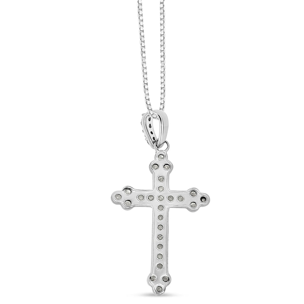.925 Sterling Silver 1/4 Cttw Prong Set Round-Cut Diamond Cross 18" Pendant Necklace - (I-J Color, I3-Promo Quality) - Friggin Jewelry