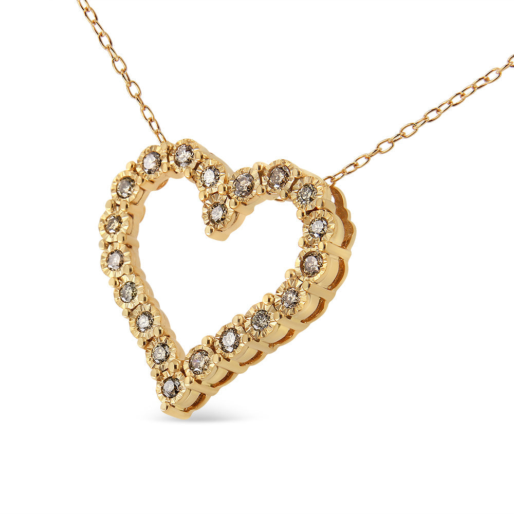 10K Yellow Gold Flashed .925 Sterling Silver 1/2 Cttw Champagne Diamond Miracle Plate Heart Pendant Necklace (K-L Color, I1-I2 Clarity) - 18" - Friggin Jewelry